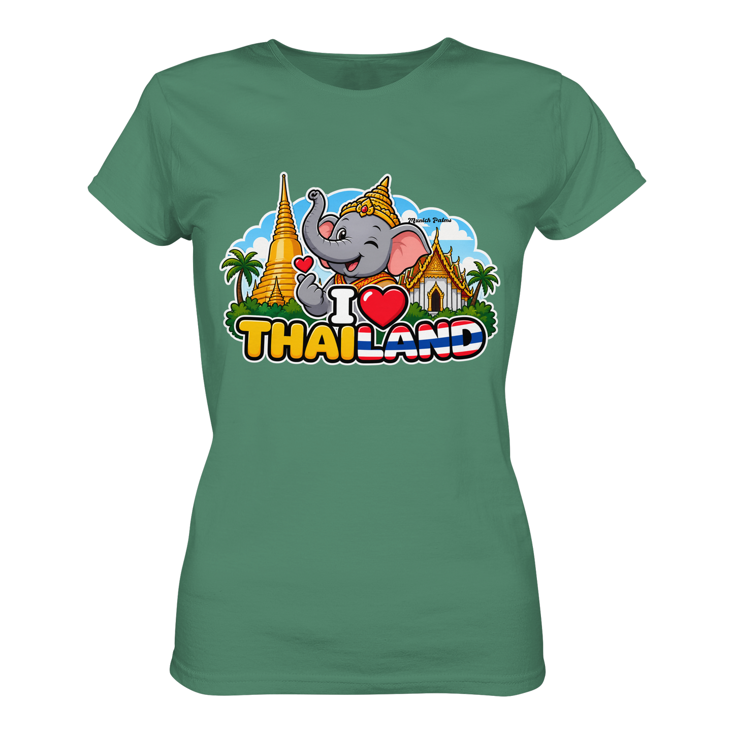 Grünes Damen-Organic-Shirt mit Elefanten-Design und "I Love Thailand" Aufdruck, Munich Palms Stil, frontales Bild