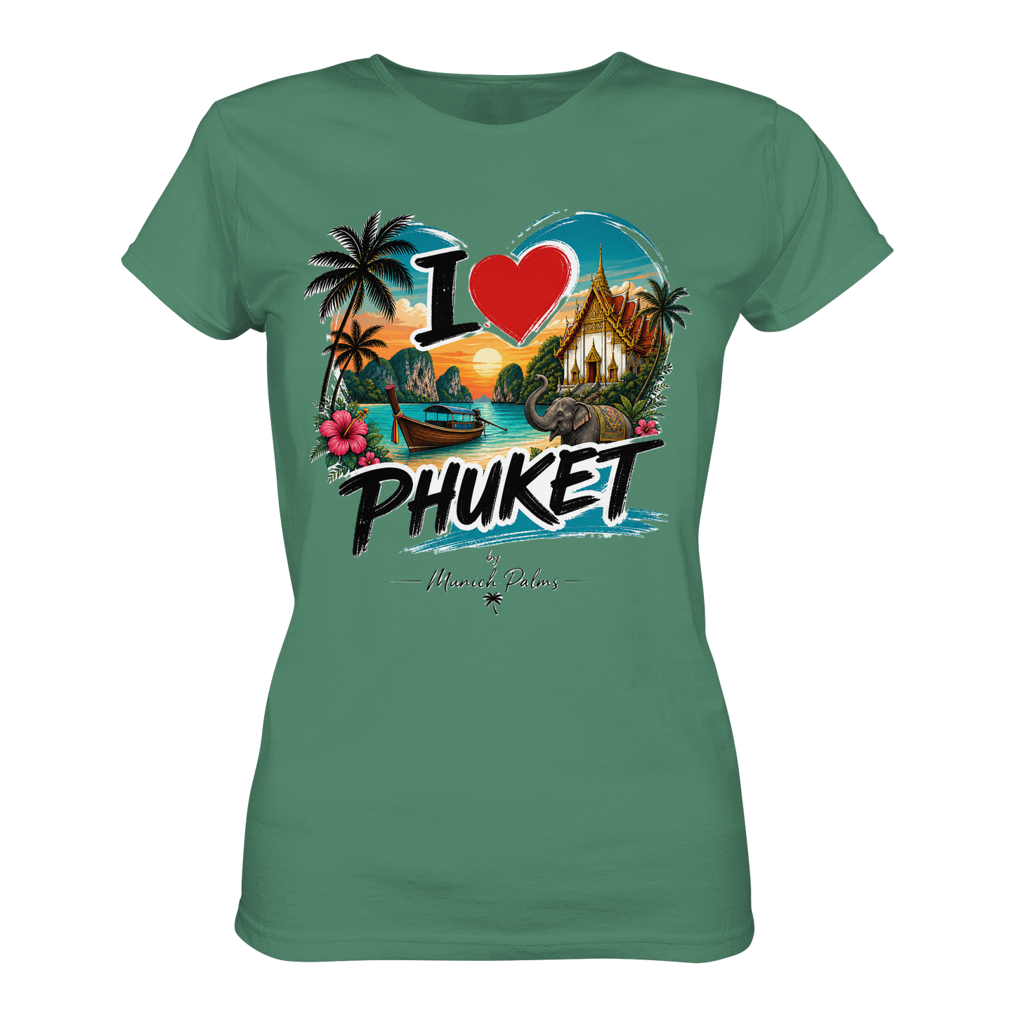 Grüne Damen-Organische Shirt mit "I love Phuket"-Print, bequemes Damen-T-Shirt, modischer Ladies-Shirt, nachhaltige Mode