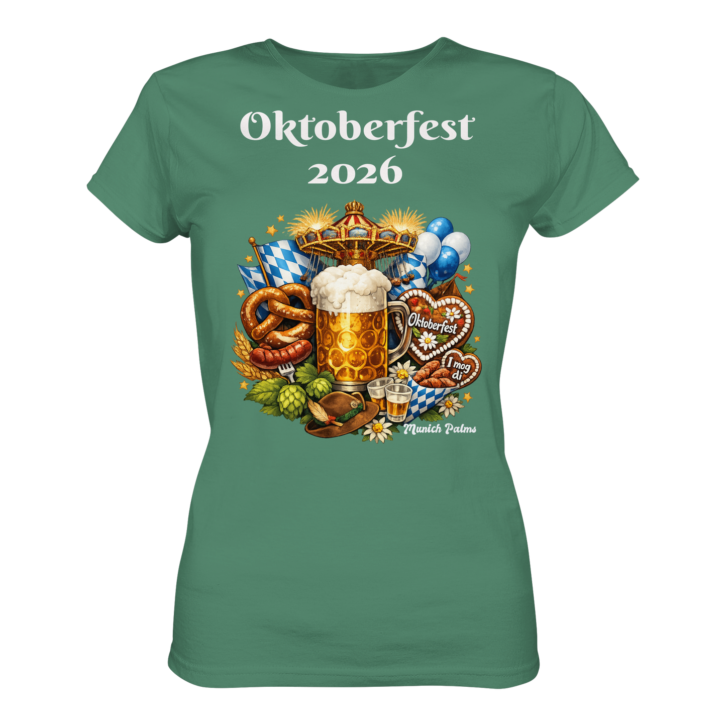 Grünes Damen-Organik-Shirt mit Oktoberfest 2026 München Design, Frontansicht, bequemes Lady-Shirt von Online Kaufhaus München