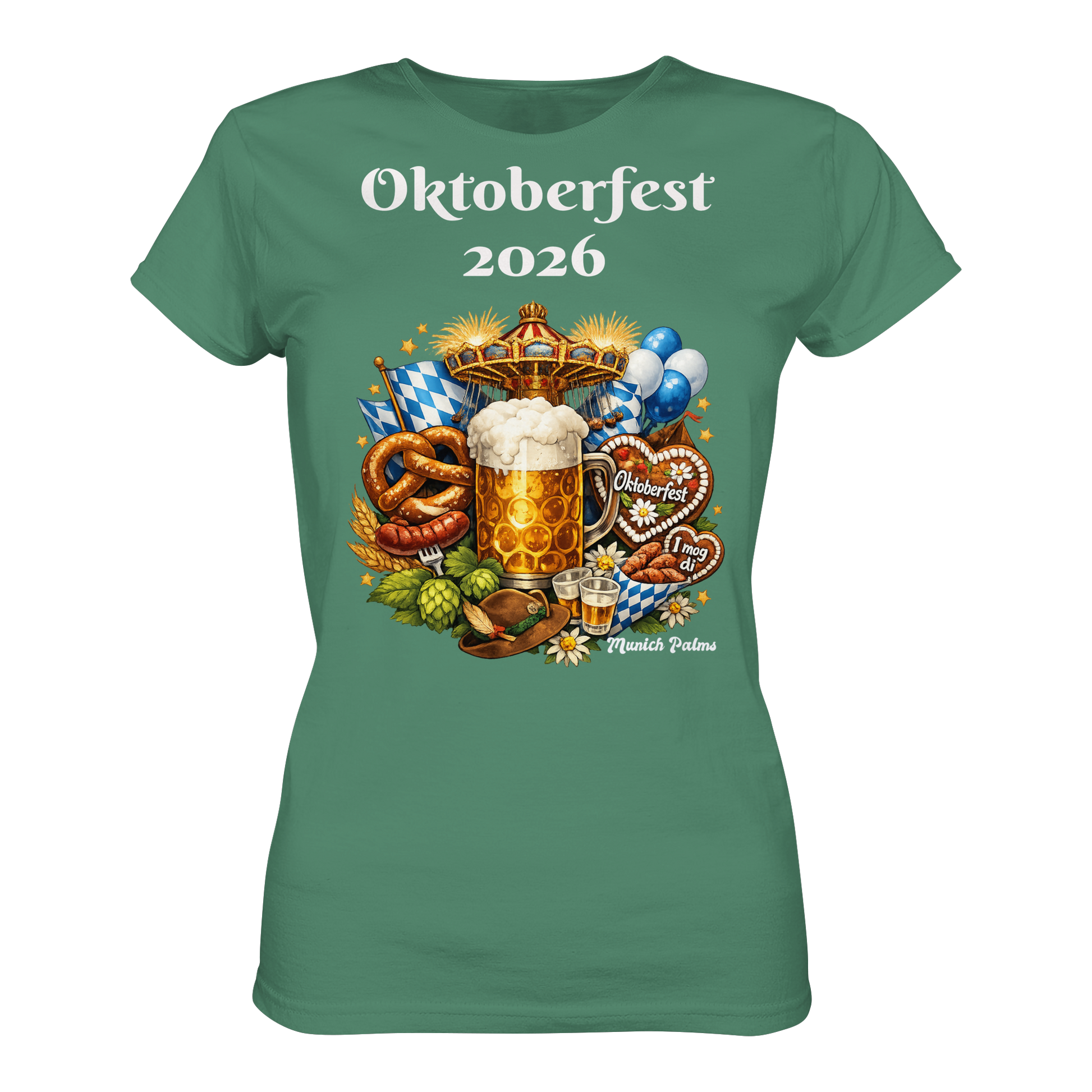 Grünes Damen-Organik-Shirt mit Oktoberfest 2026 München Design, Frontansicht, bequemes Lady-Shirt von Online Kaufhaus München