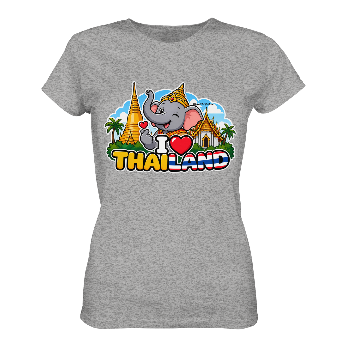Lächelnder Elefant auf grauem Damen-Organik-Shirt mit Thailand-Design, exklusive Munich Palms, vorneansicht
