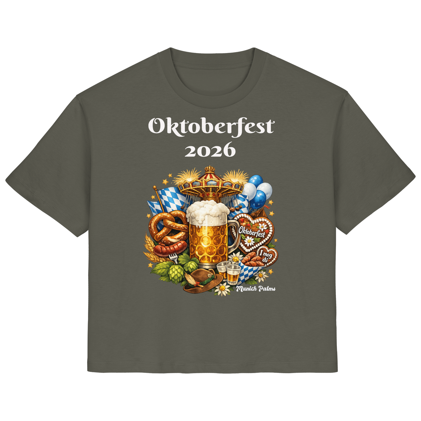 Damen-Organic-Shirt mit Oktoberfest 2026 München Design in Khaki, vorne sichtbar, bequemes Lady-Shirt von Online Kaufhaus München