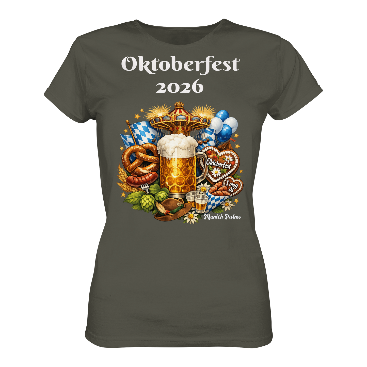 Damen-Organisches Shirt mit Oktoberfest 2026 München Design in Khaki, Frontansicht, bequemes Lady-Shirt von Online Kaufhaus München