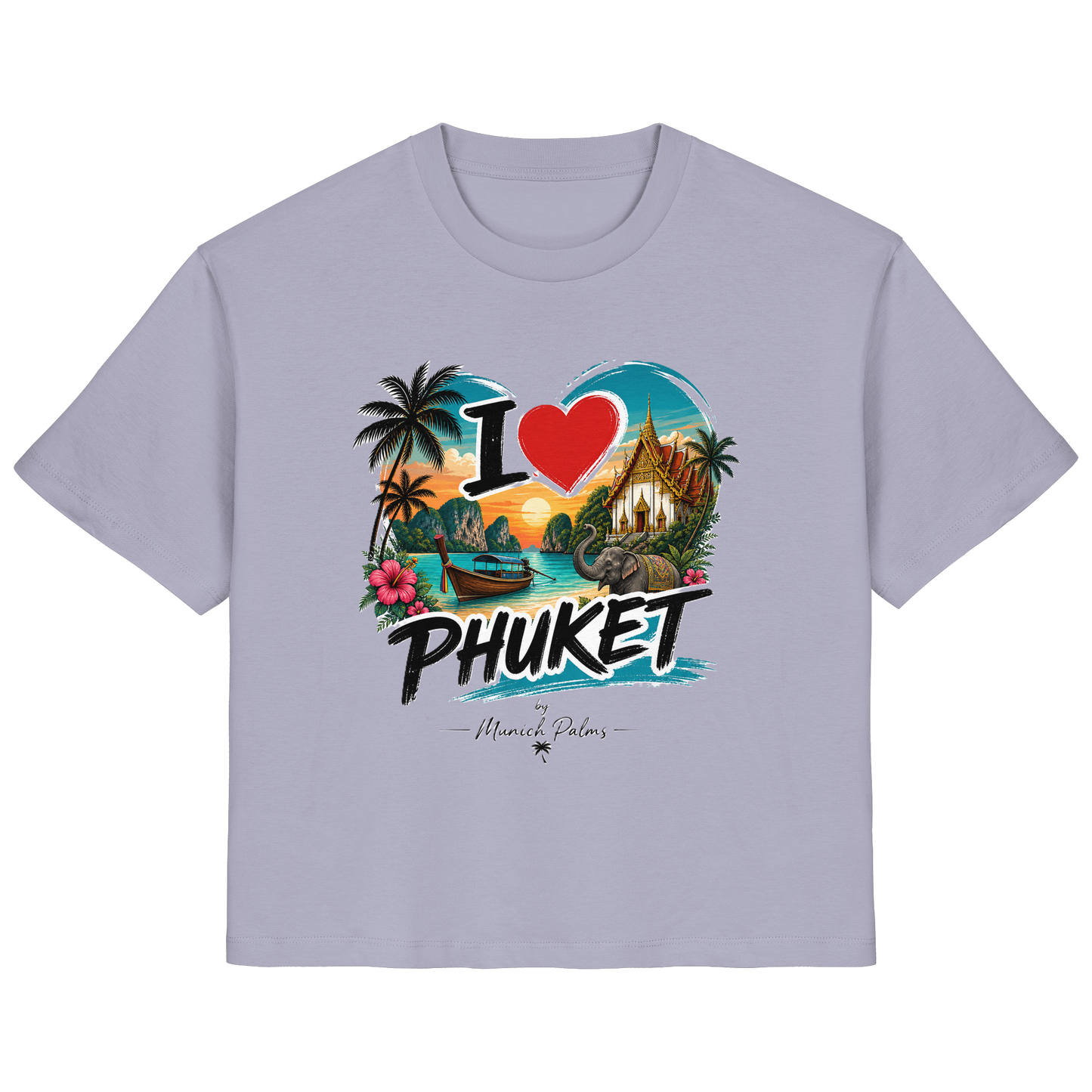 Ladinnen-Organisches Shirt "I love Phuket" in Lavendel, Vorderansicht, bequemes Damen-T-Shirt aus Bio-Baumwolle.