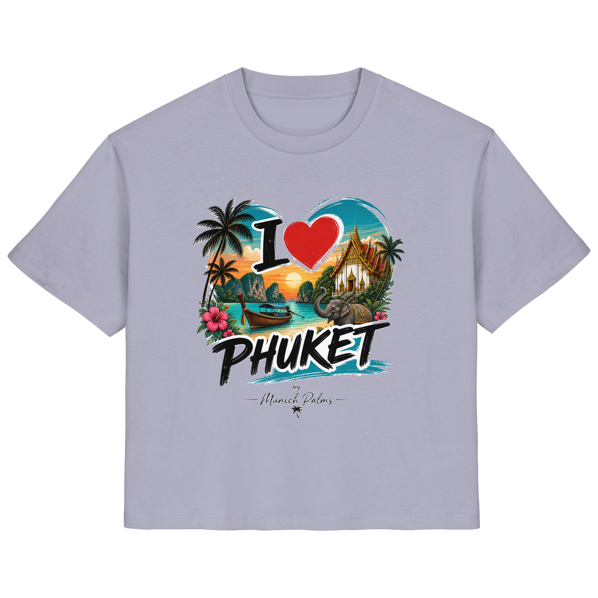 Ladinnen-Organisches Shirt "I love Phuket" in Lavendel, Vorderansicht, bequemes Damen-T-Shirt aus Bio-Baumwolle.