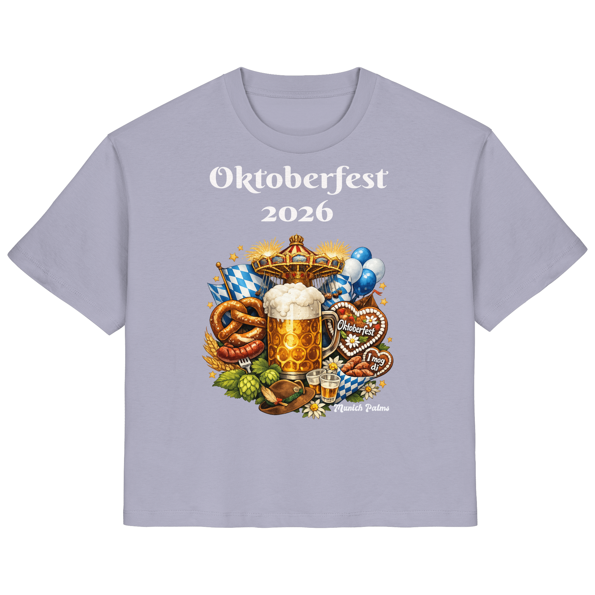 Ladylie Shirt mit Oktoberfest 2026 München Design, Bio-Baumwolle, lavendelfarben, Frontansicht, für Damen.