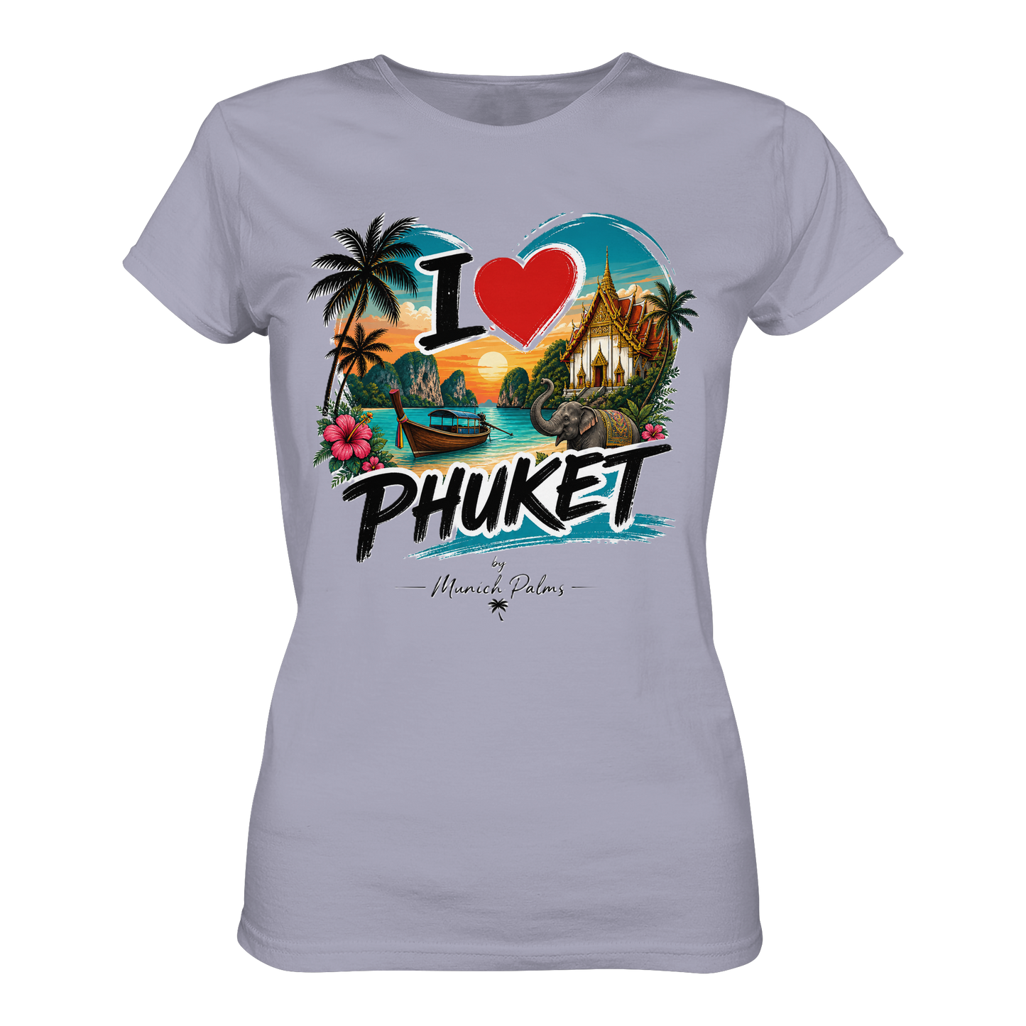 Lila Damen-Organic-Shirt mit "I love Phuket"-Print, Frontansicht, bequeme Damen-Shirt aus Bio-Baumwolle, modisch und nachhaltig