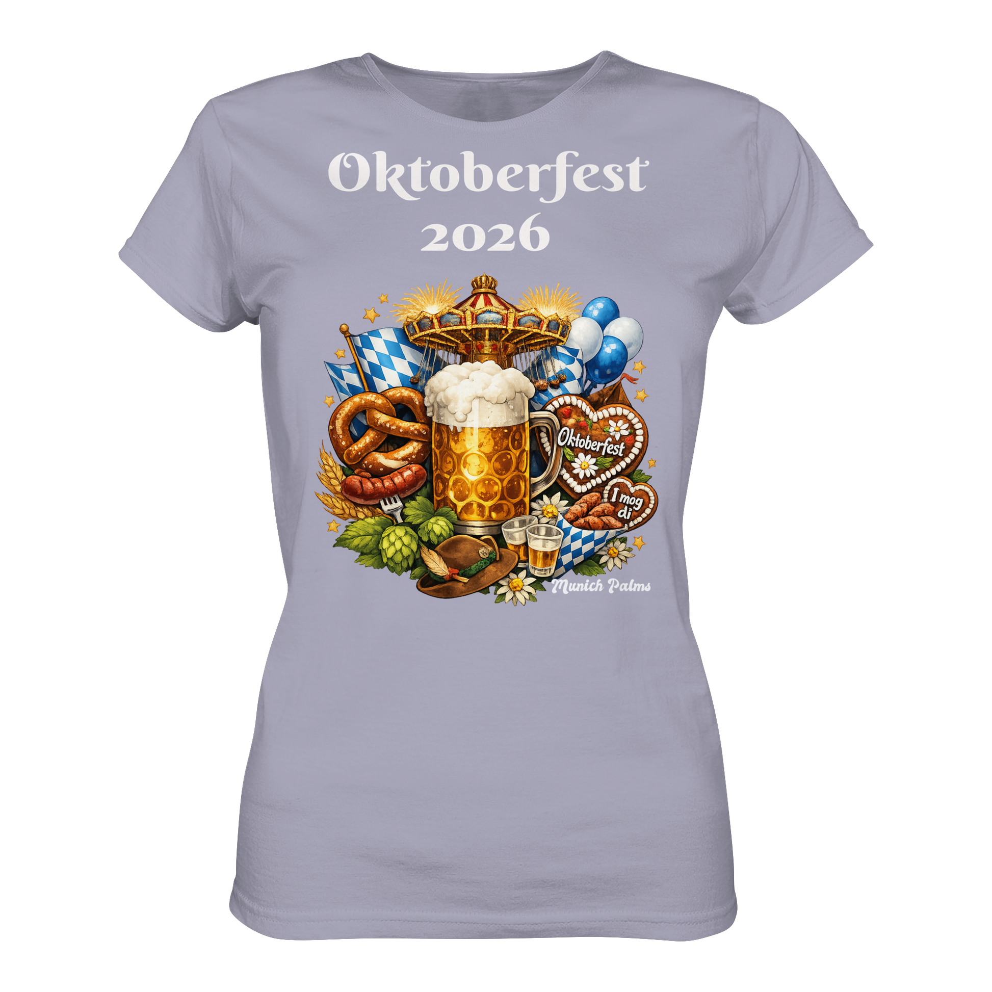 Ladines Bio-Shirt für Damen mit Oktoberfest 2026 München Design in Flieder, aus Bio-Baumwolle, Frontansicht