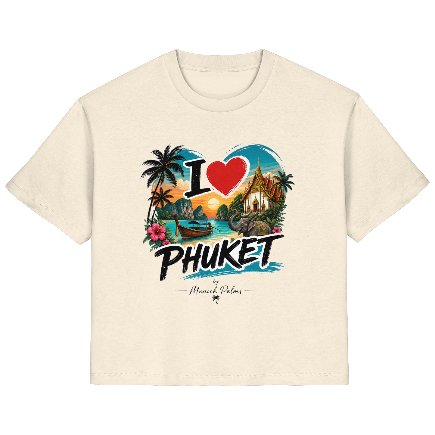 Ladenshirt für Damen mit "I love Phuket" Aufdruck, aus Bio-Baumwolle, Vorderansicht, natürliche Farben, Damen-Organic-Shirt