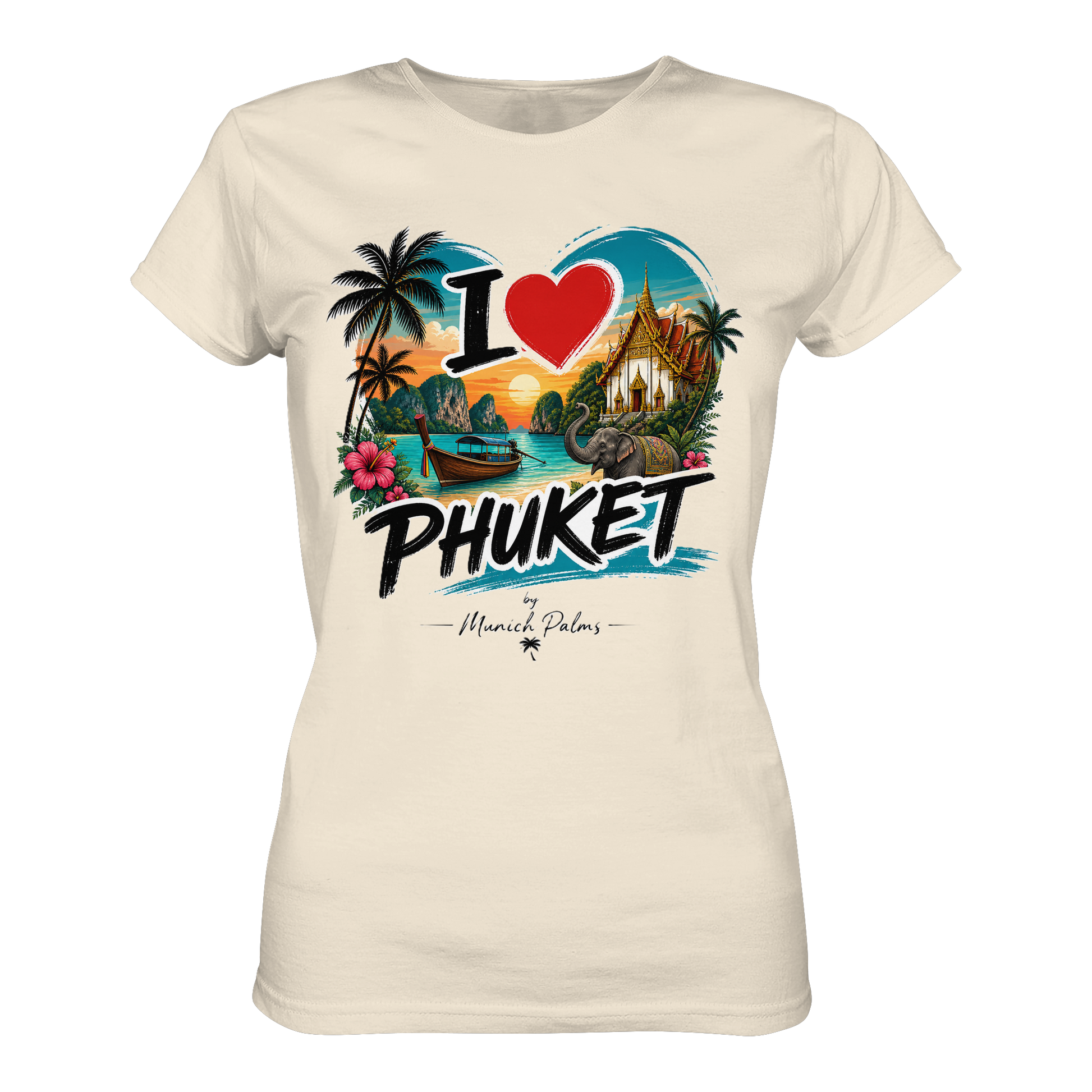 Weißes Damen T-Shirt mit "I love Phuket"-Print aus Bio-Baumwolle, Frontansicht, natürliche Stoffstruktur, bequemes Frauen-Shirt.