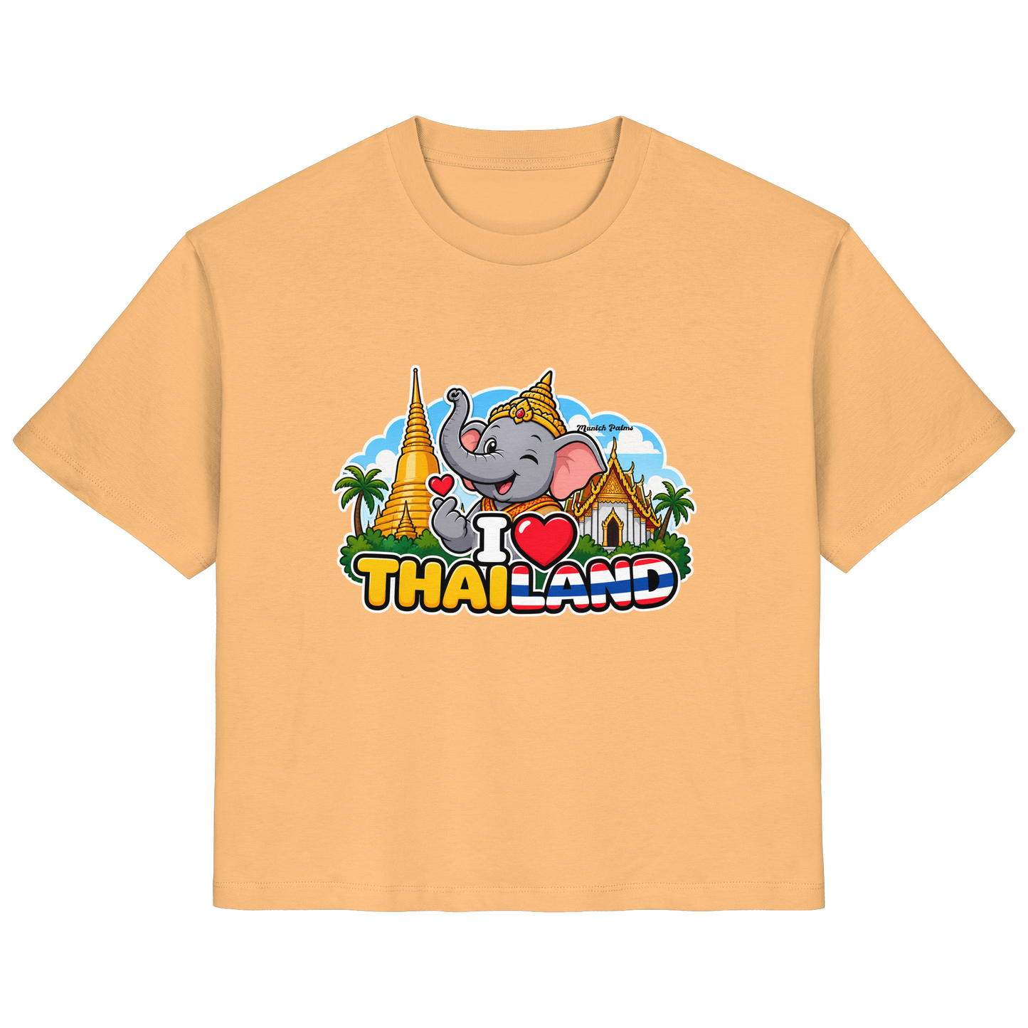Lächelnder Elefant auf einem weißen Damen-Organik-Shirt mit Thailand-Design, München Palms, Frontansicht