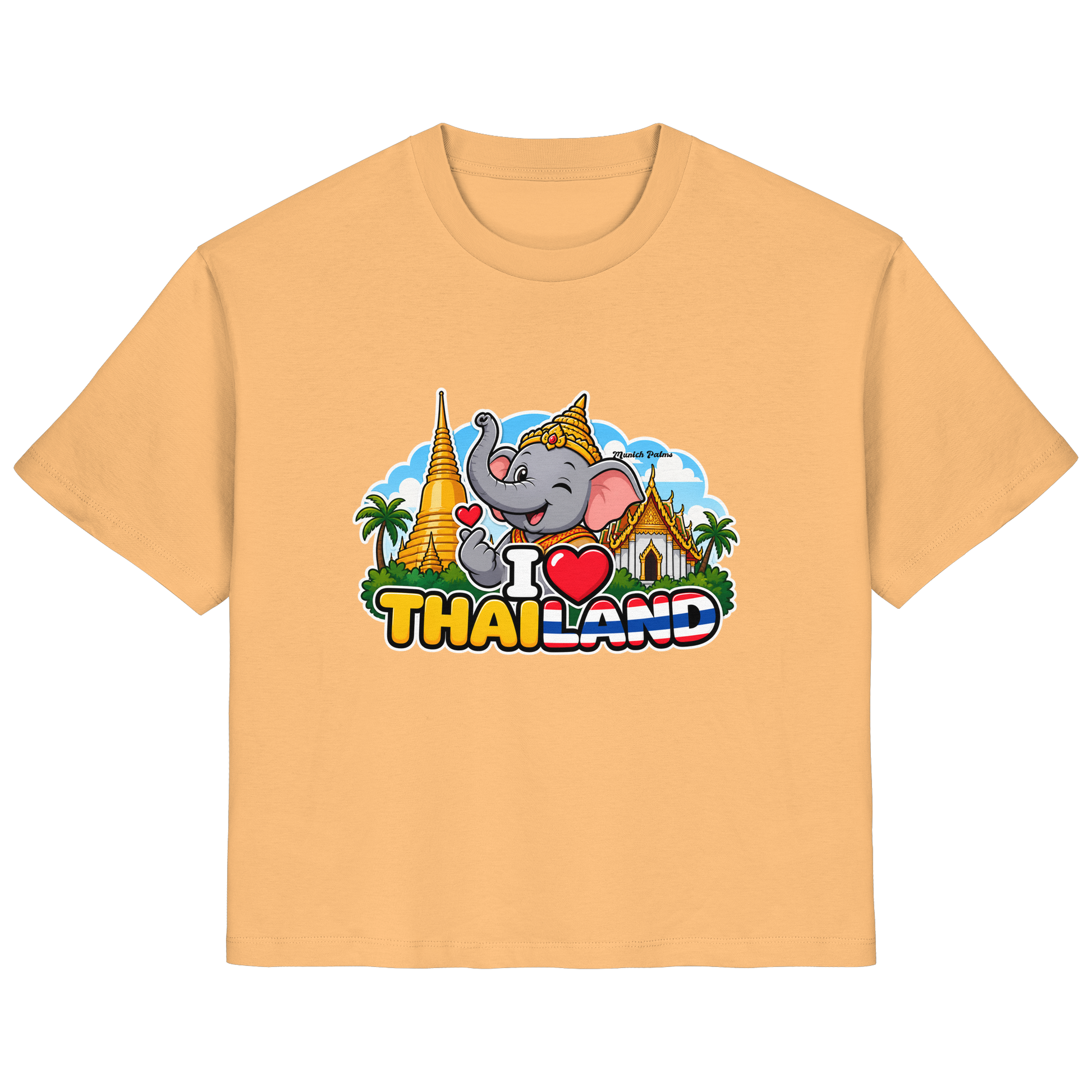 Lächelnder Elefant auf einem weißen Damen-Organik-Shirt mit Thailand-Design, München Palms, Frontansicht