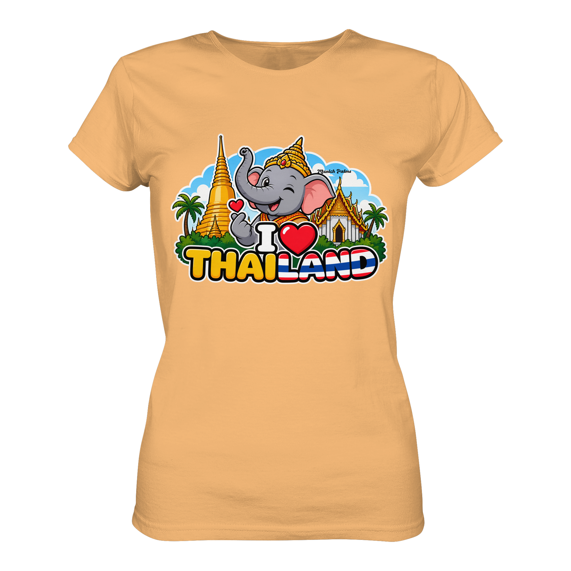 Lächelnder Elefanten-Print auf Damen-Organik-Shirt mit Thailand-Motiv, Munich Palms Design, Frontansicht