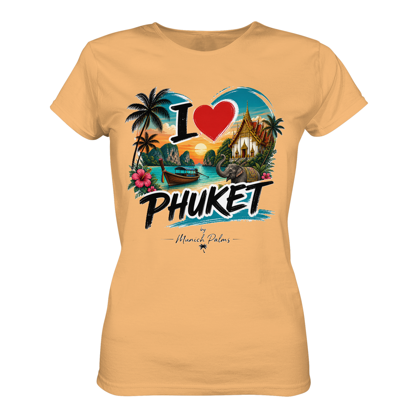 Liebe Phuket Damen-Organische Baumwoll-Shirt, vorderansicht, bequemes Damen-T-Shirt mit Phuket-Design
