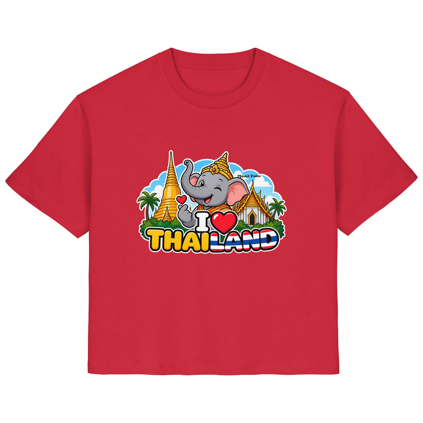 Lächelnder Elefant auf rotem Bio Damen-Shirt mit Thailand-Motiv im Munich Palms Design, Vorderansicht