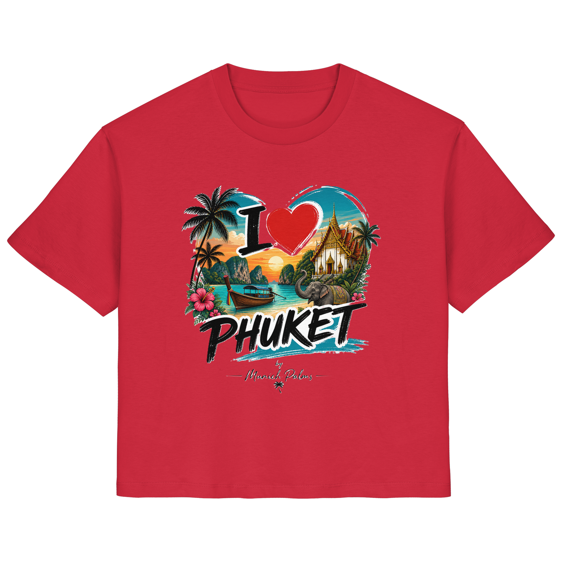 Rotes Damen-Organic-Shirt mit "I love Phuket"-Print, kurze Ärmel, bequemes Frauen-Shirt, modischer Damen-Tops, nachhaltige Mode.