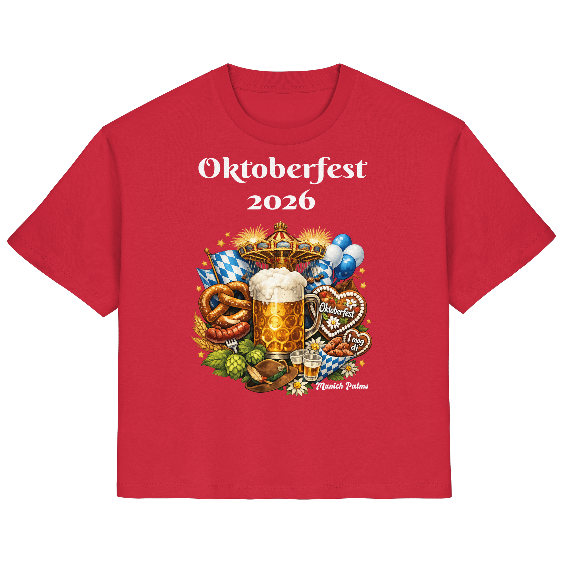 Rotes Damen-Organik-Shirt mit Oktoberfest 2026 München Design, Frontansicht, bequemes Lady-Shirt von Online Kaufhaus München