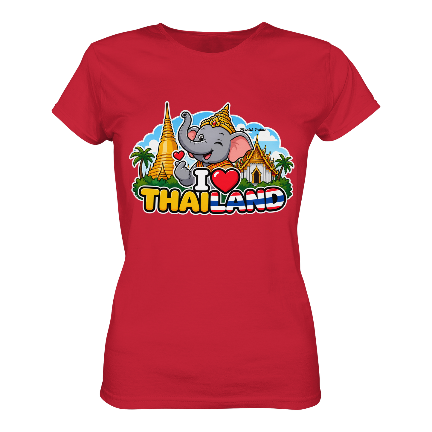 Lächelnder Elefant auf rotem Damen-Organik-Shirt mit Thailand-Motiv, exklusives Munich Palms Design, Vorderansicht
