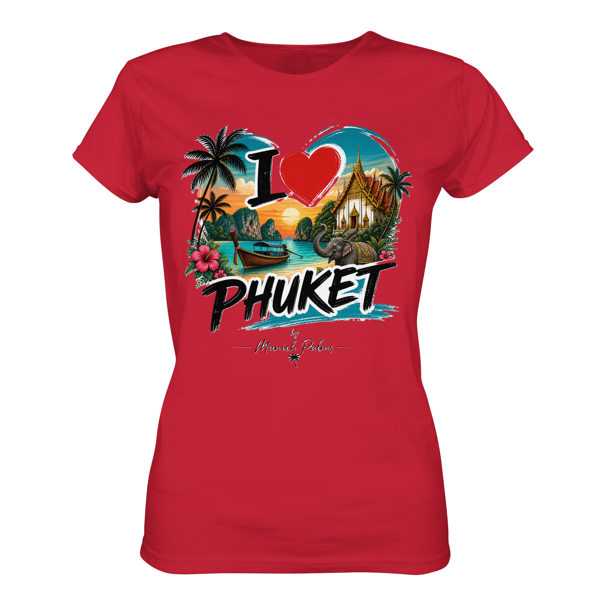 Rote Damen-Organic-Shirt mit "I love Phuket"-Print, vorneansicht, bequemes Ladies-Shirt von Online Kaufhaus München
