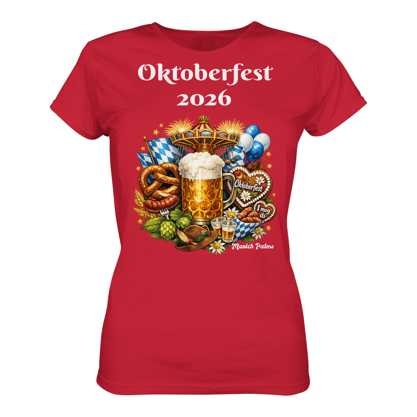 Rotes Damen-Organic-Shirt mit Oktoberfest 2026 München Design, Vorderansicht, bequemes Lady-Shirt von Online Kaufhaus München
