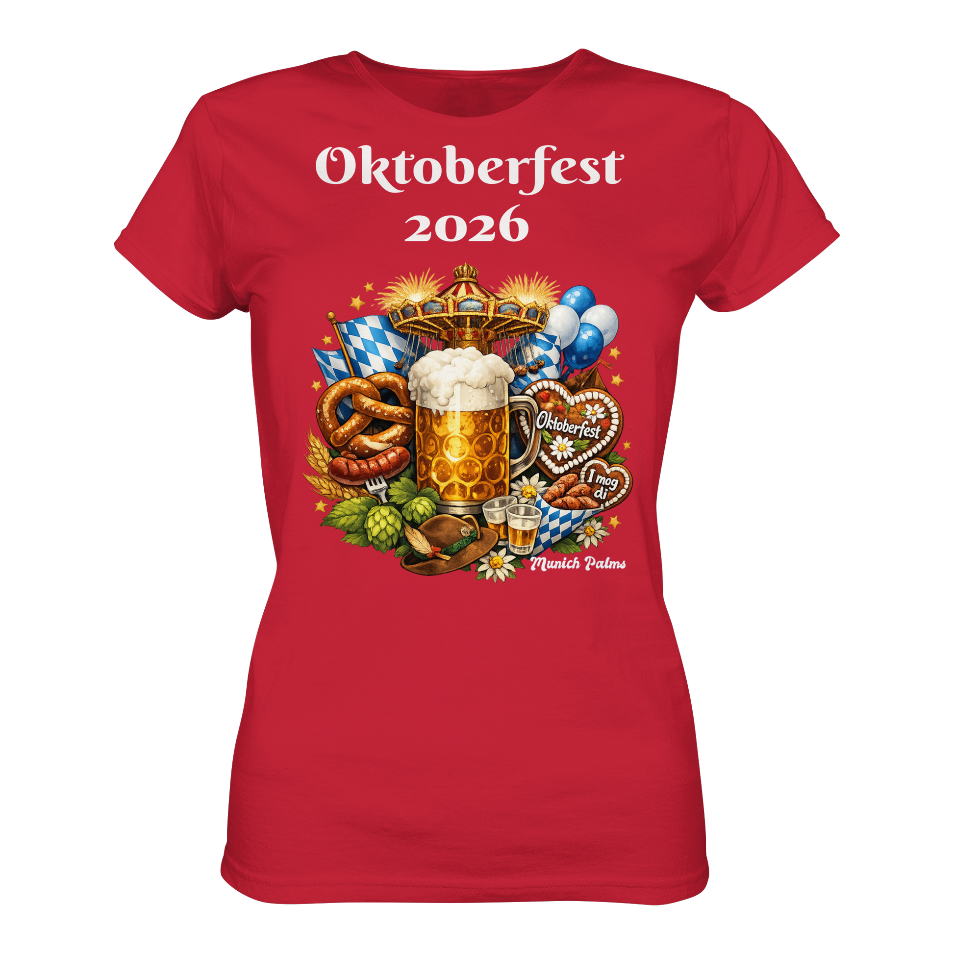 Rotes Damen-Organic-Shirt mit Oktoberfest 2026 München Design, Vorderansicht, bequemes Lady-Shirt von Online Kaufhaus München