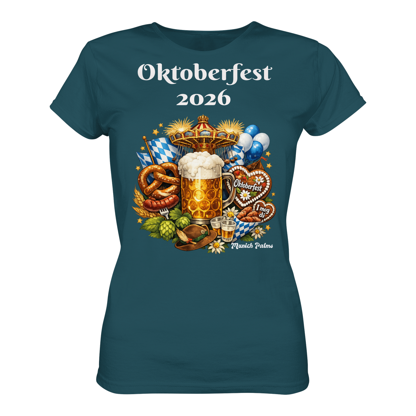 Frontansicht des Damen-Organic-Shirts mit Oktoberfest 2026 München Design, bequemes Lady-Shirt für Oktoberfest.