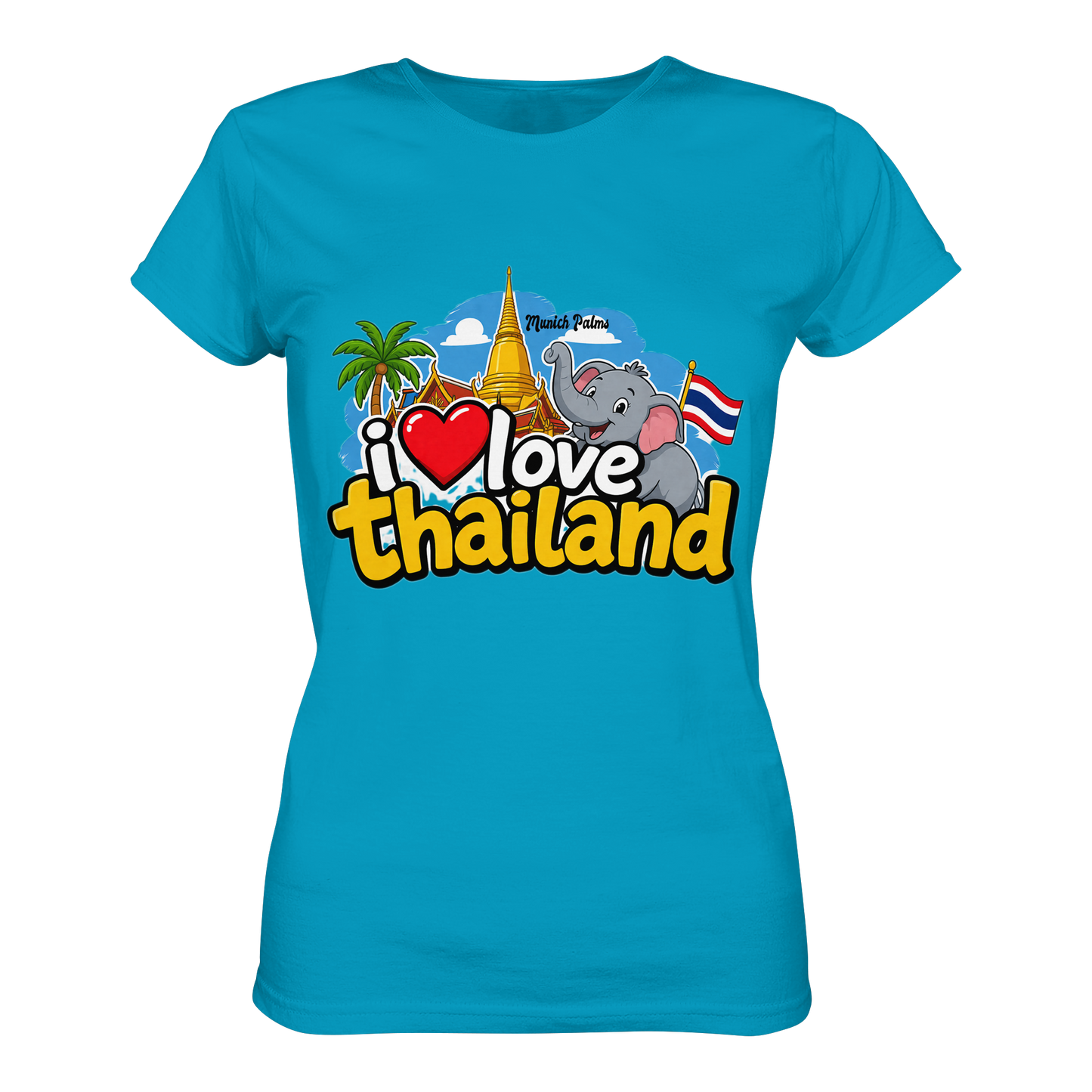 Damen Premium-Shirt mit "I love Thailand" Aufdruck, Frontansicht, bequemer Schnitt, in Atoll-Farbe, von Online Kaufhaus München