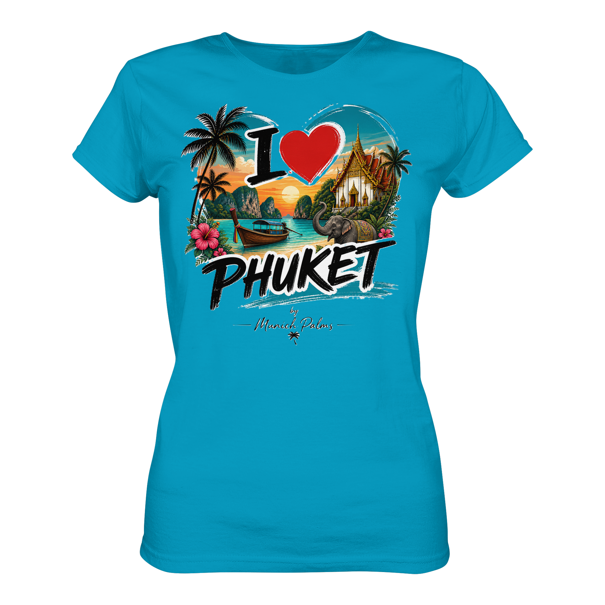 Herren- und Damen-Shirt mit "I love Phuket" Aufdruck, hochwertiges Damen-Shirt in Atoll-Farbe, bequemer Schnitt