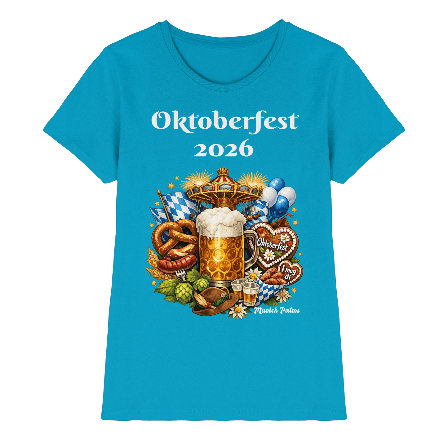 Damen Premium-Shirt mit Oktoberfest 2026 München Design, vorderes Bild, bequemes Damen-Shirt im traditionellen Stil