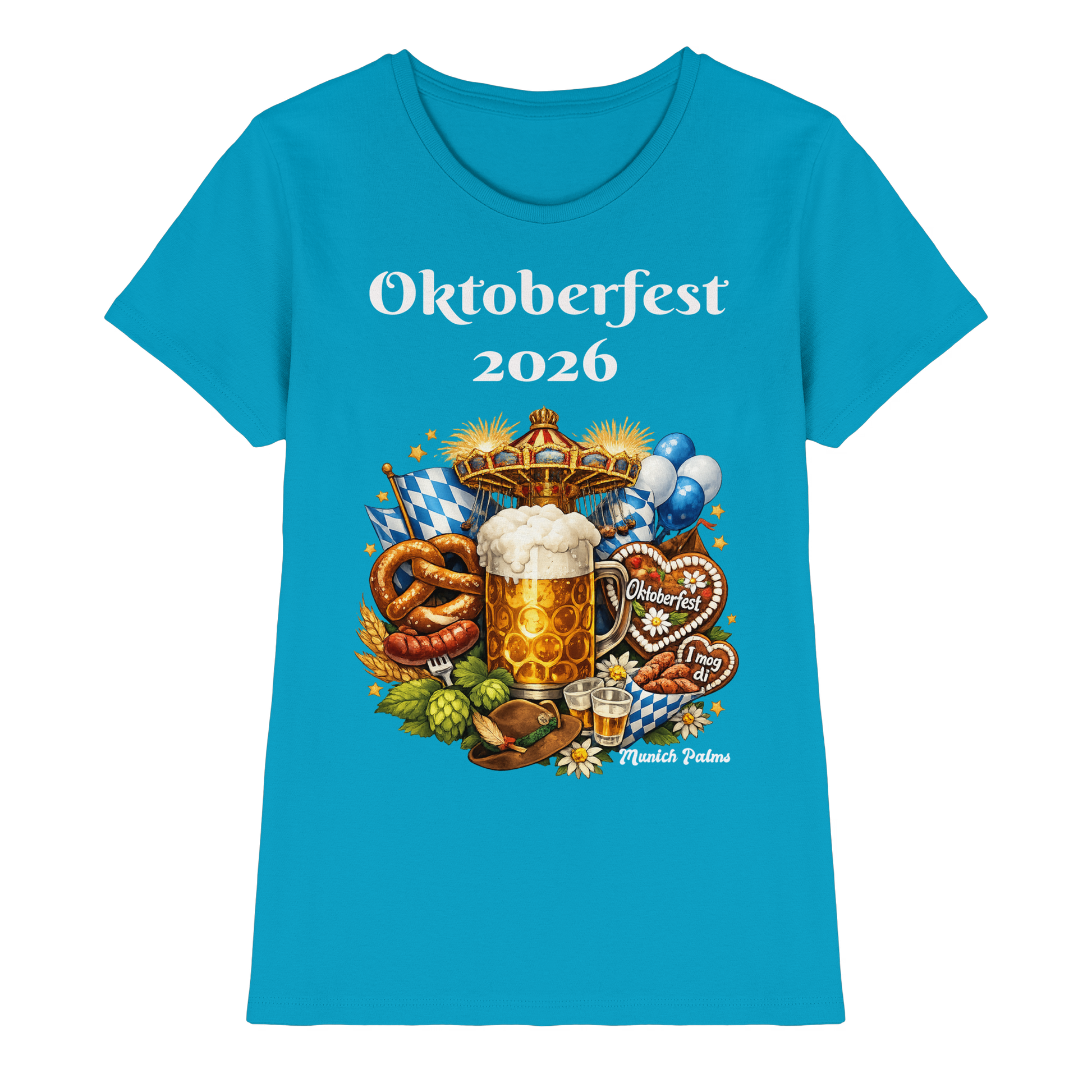 Damen Premium-Shirt mit Oktoberfest 2026 München Design, vorderes Bild, bequemes Damen-Shirt im traditionellen Stil