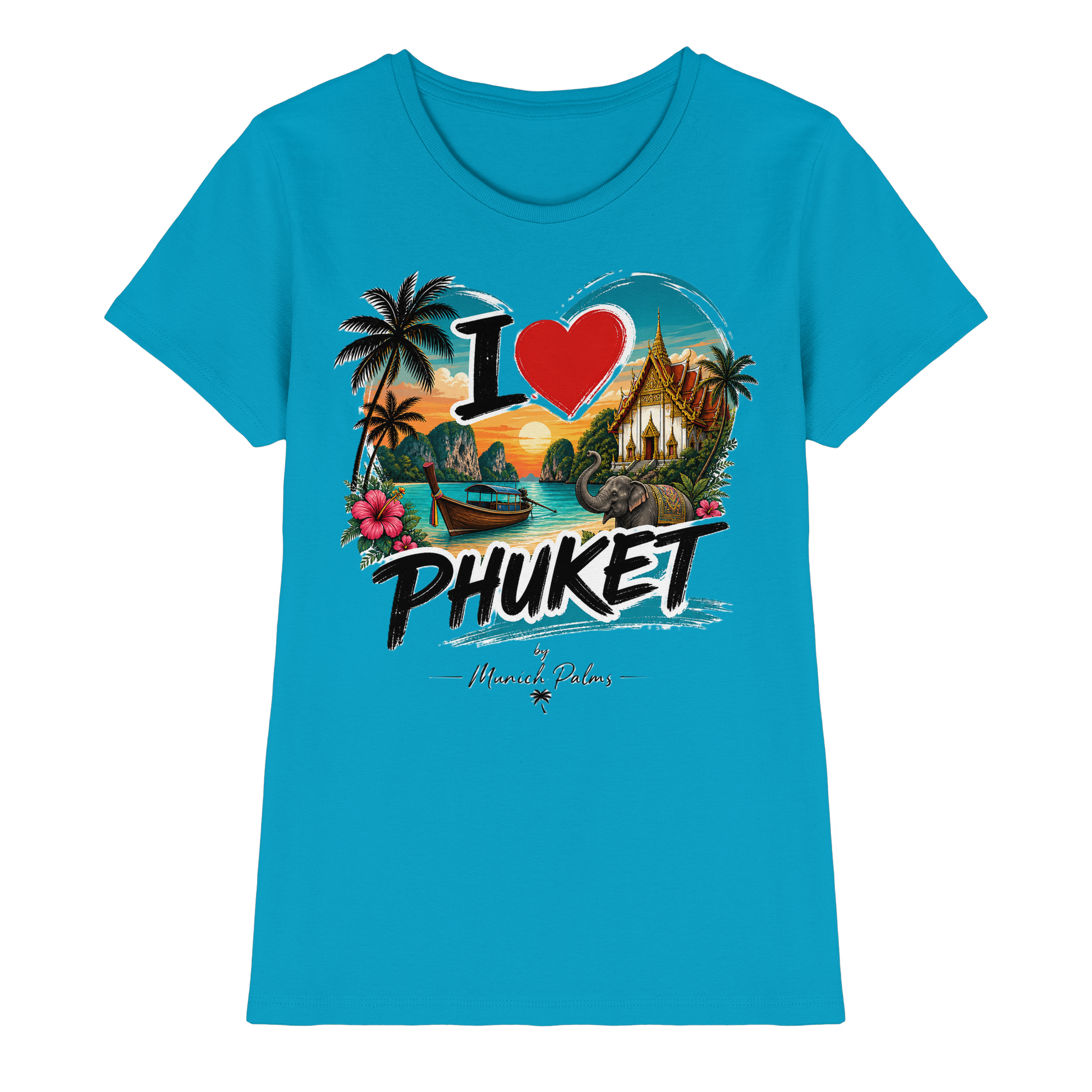 Herren- oder Damen-Premium-Shirt mit "I love Phuket" Aufdruck, Frontansicht, bequemes Damen-Shirt, Online Kaufhaus München