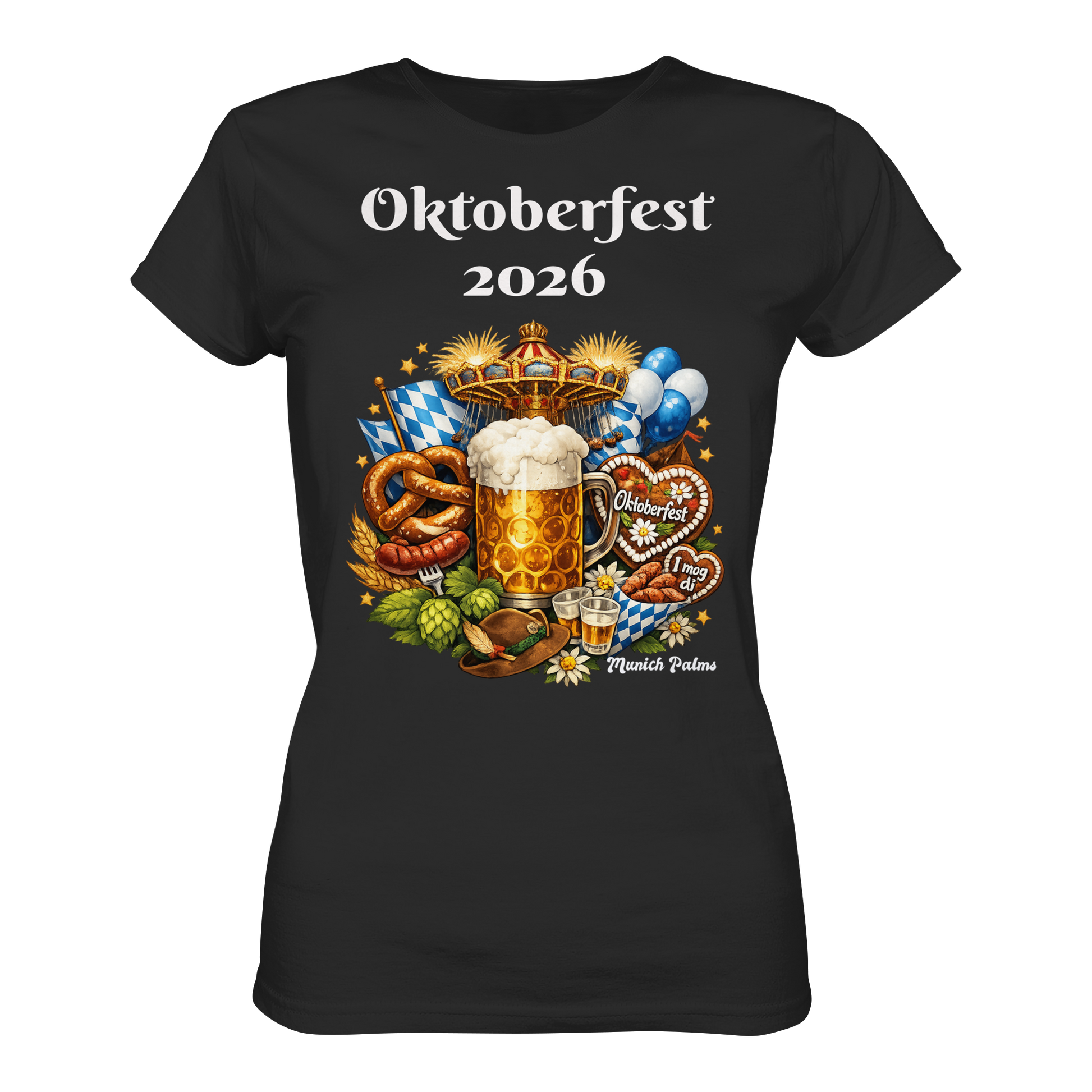 Schwarzes Damen-Premium-Shirt mit Oktoberfest 2026 Munich Design, bequemes Damen-Shirt von Online Kaufhaus München