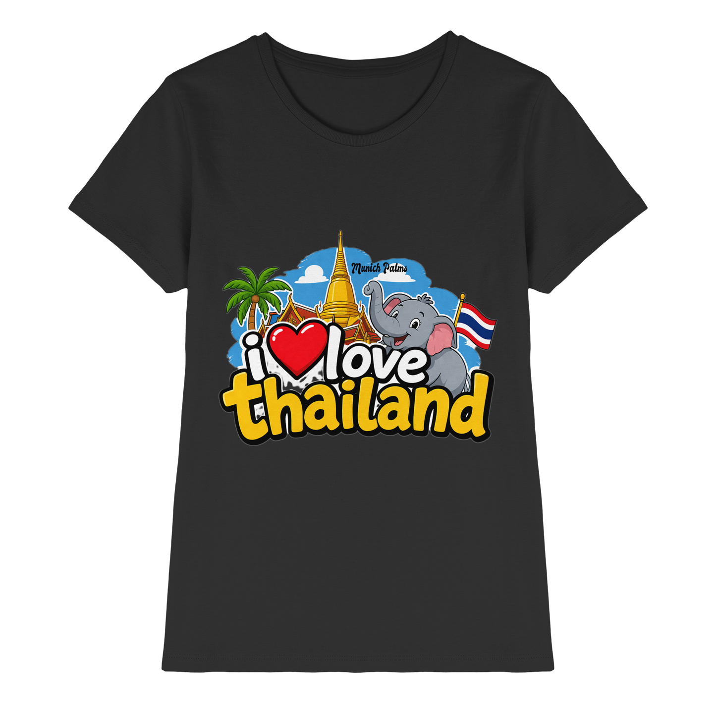 Schwarzes Damen-Shirt mit "I love Thailand" Aufdruck, bequemes Premium-Shirt für Frauen, Frontansicht.