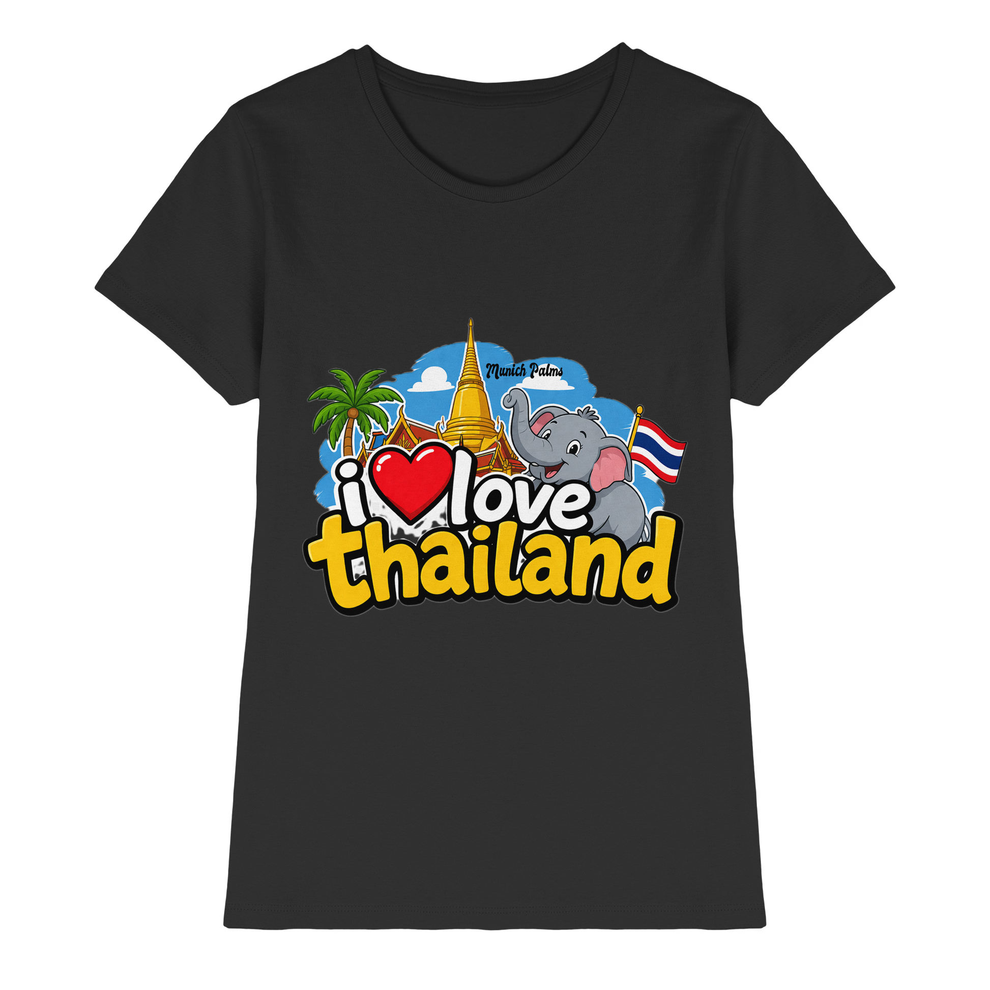 Schwarzes Damen-Shirt mit "I love Thailand" Aufdruck, bequemes Premium-Shirt für Frauen, Frontansicht.