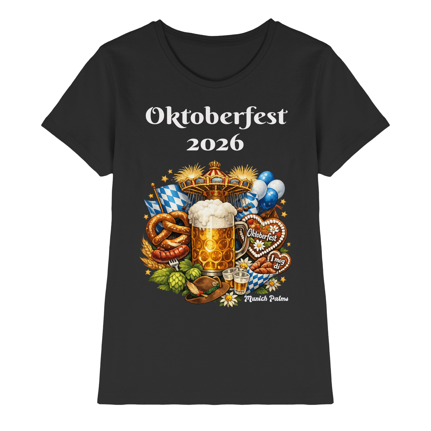 Damen Premium-Shirt mit Oktoberfest 2026 München Design, schwarzes Lady-Shirt, Frontansicht, elegantes Fest-Dirndl-Design