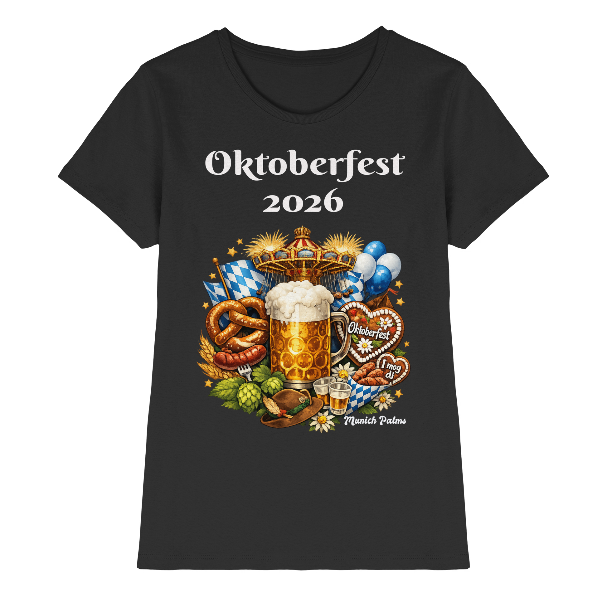 Damen Premium-Shirt mit Oktoberfest 2026 München Design, schwarzes Lady-Shirt, Frontansicht, elegantes Fest-Dirndl-Design