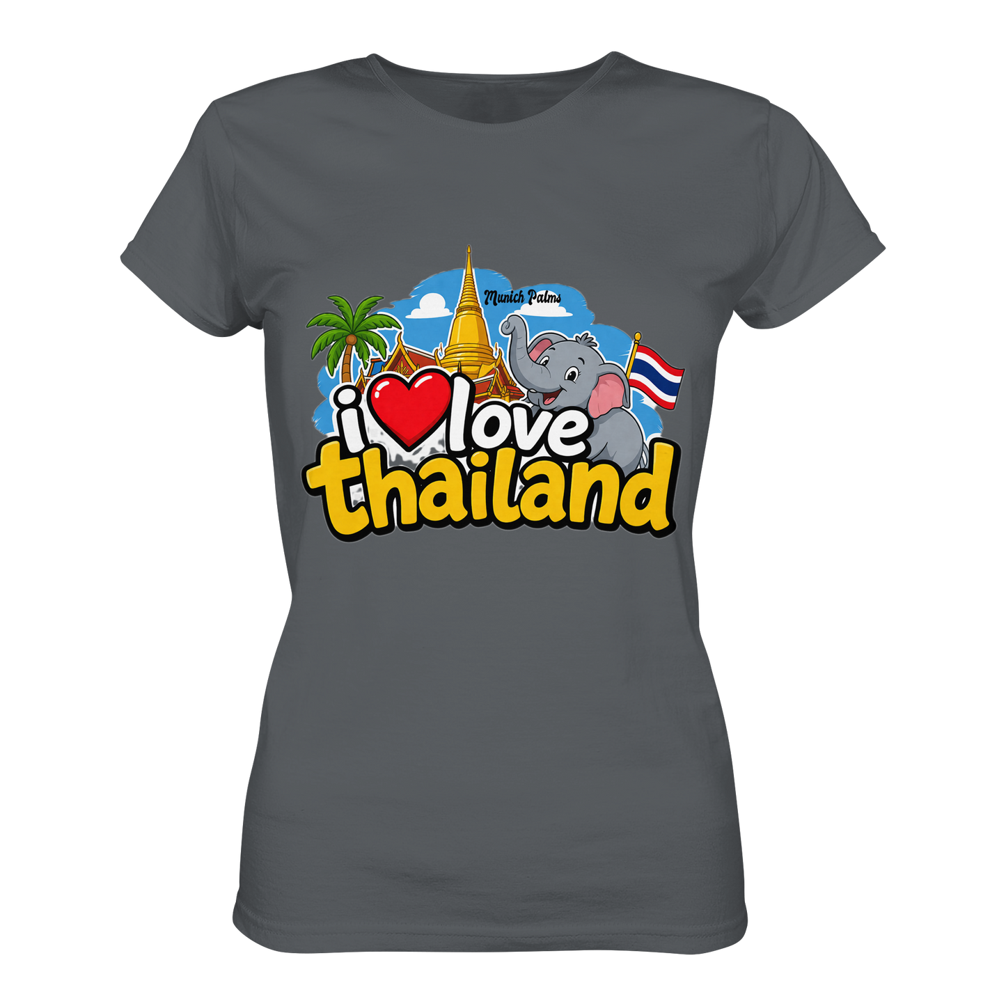 Damen Premium-Shirt "I love Thailand" in Dunkelgrau, Vorderansicht, bequemes Lady-Shirt von Online Kaufhaus München