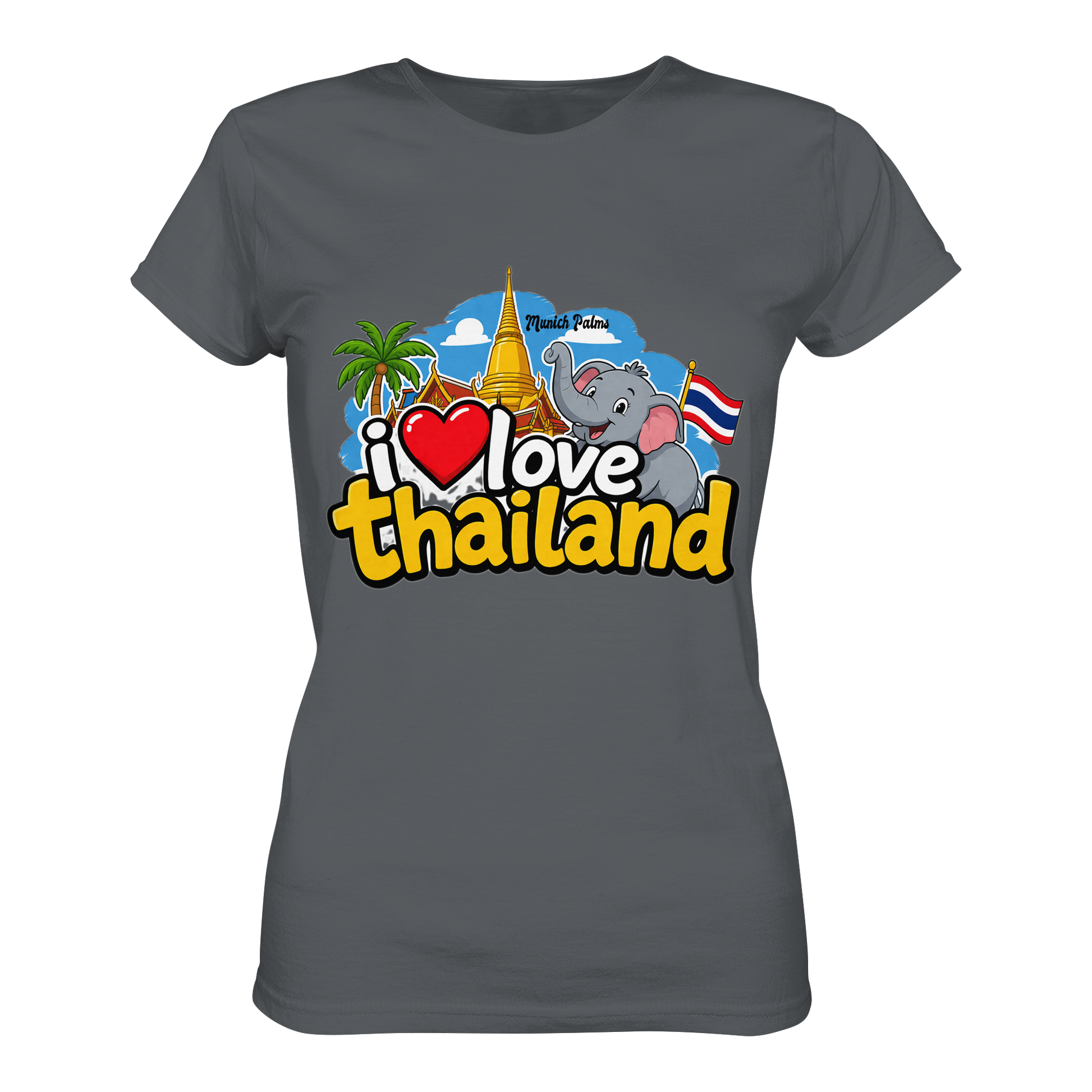 Damen Premium-Shirt "I love Thailand" in Dunkelgrau, Vorderansicht, bequemes Lady-Shirt von Online Kaufhaus München