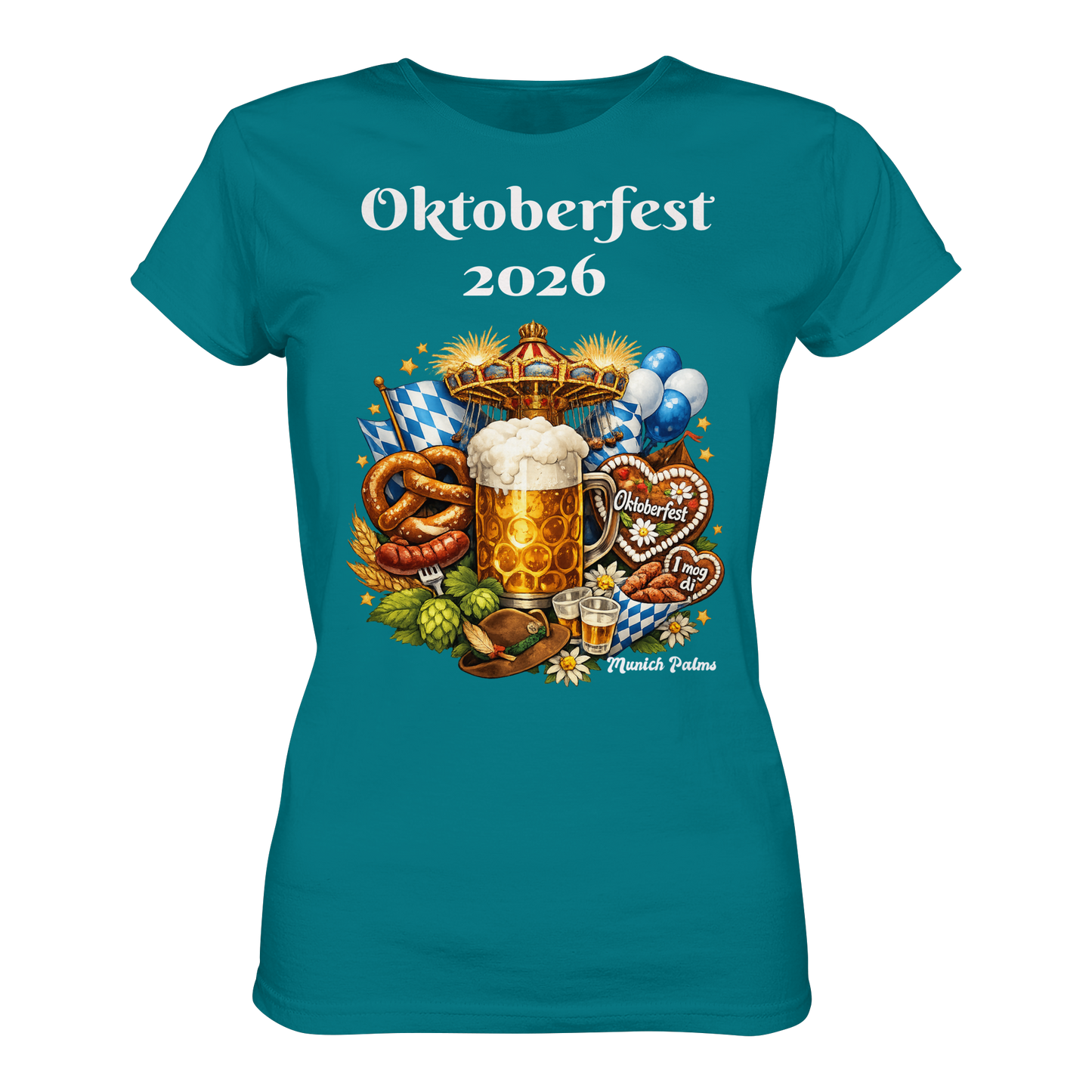 Damen Premium-Shirt mit Oktoberfest 2026 München Design, blauer Lady-Shirt, Vorderansicht, modischer Schnitt, Online Kaufhaus München