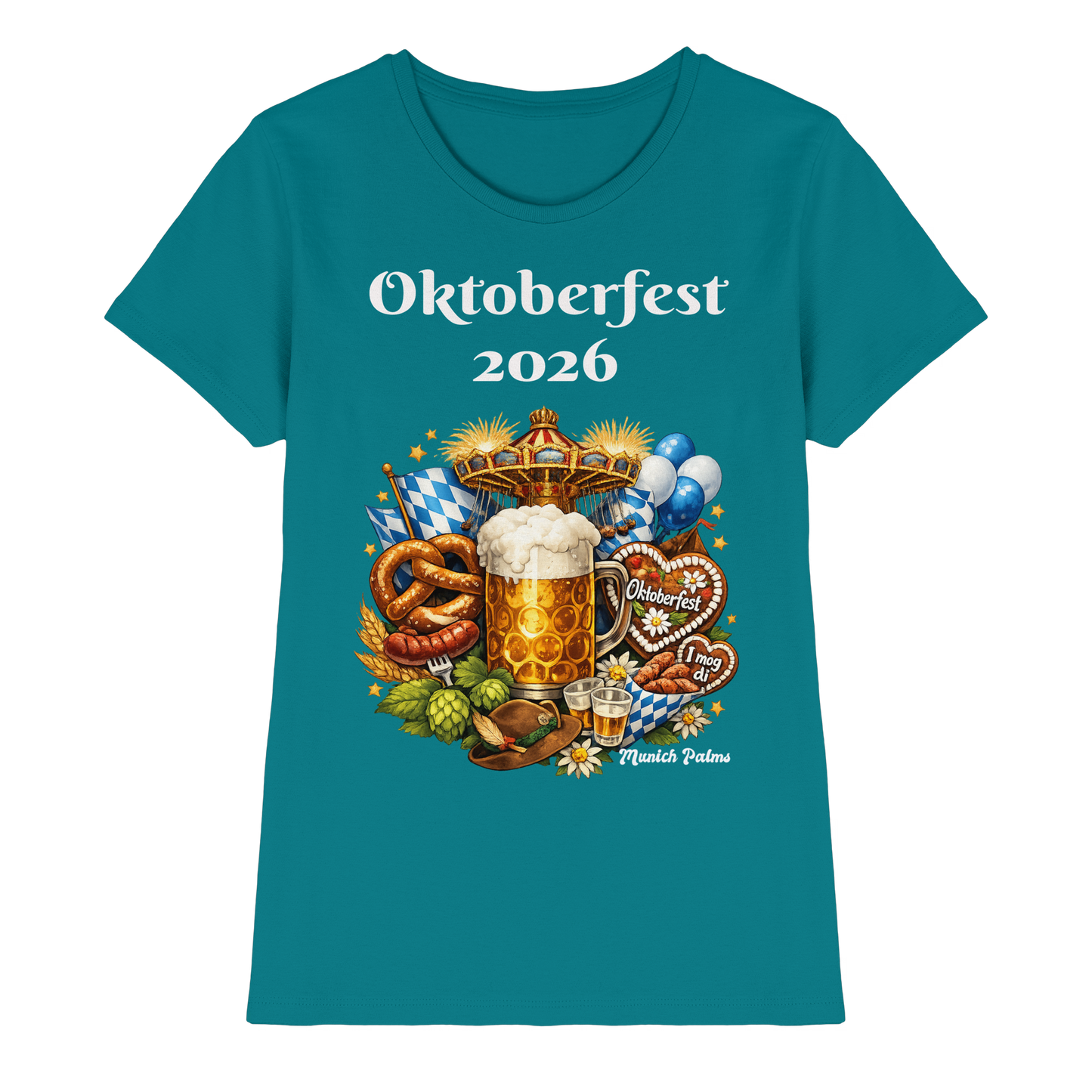 Damen Premium-Shirt mit Oktoberfest 2026 München Design in Blau, Frontansicht, bequemes Lady-Shirt von Online Kaufhaus München