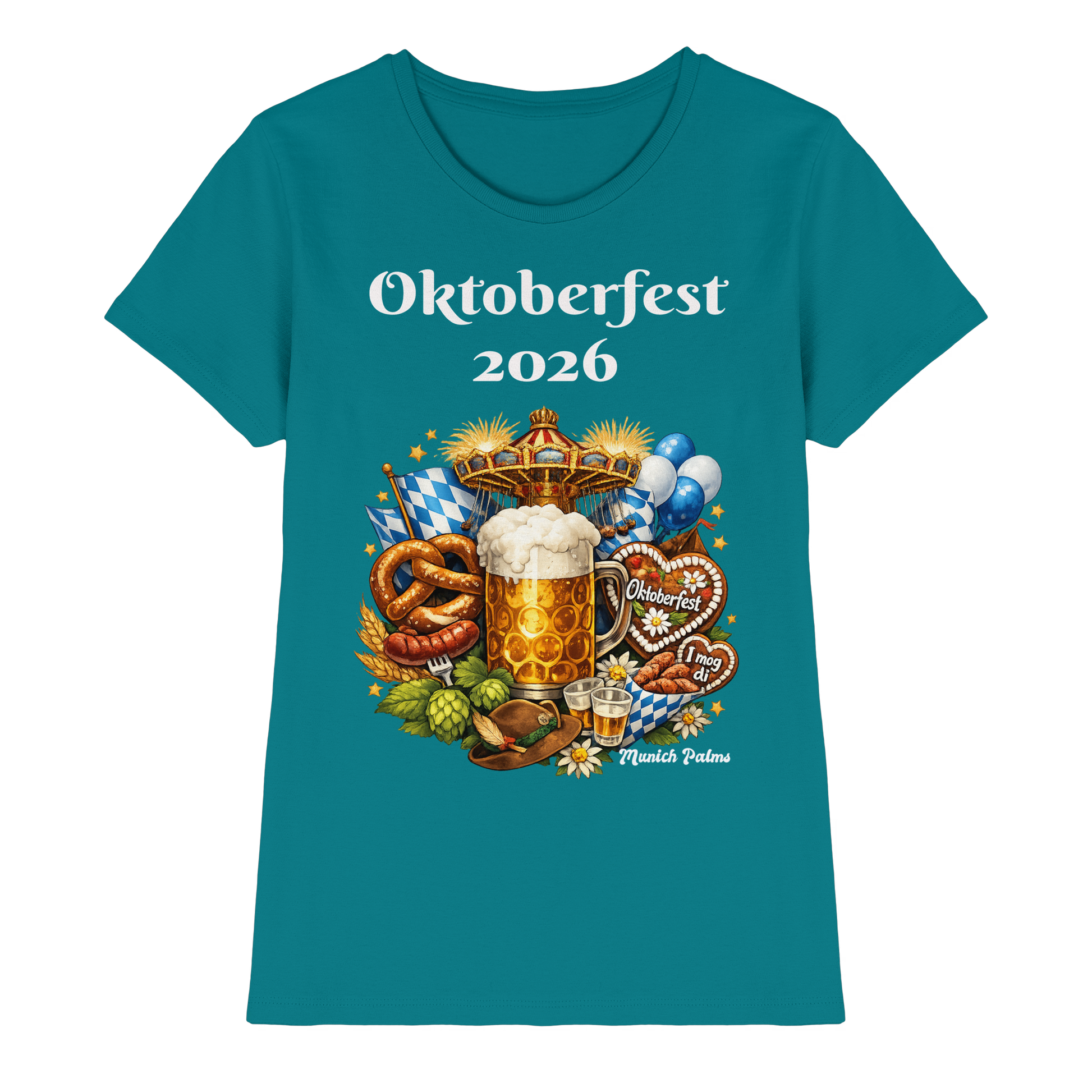 Damen Premium-Shirt mit Oktoberfest 2026 München Design in Blau, Frontansicht, bequemes Lady-Shirt von Online Kaufhaus München
