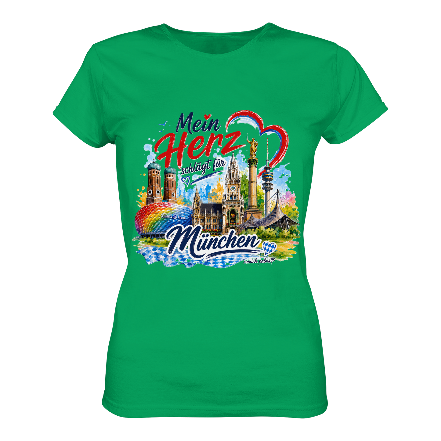 Buntes München Design auf grünem Damen-Shirt mit Wahrzeichen, Munich Palms, Frontansicht, modisches Lady-Shirt