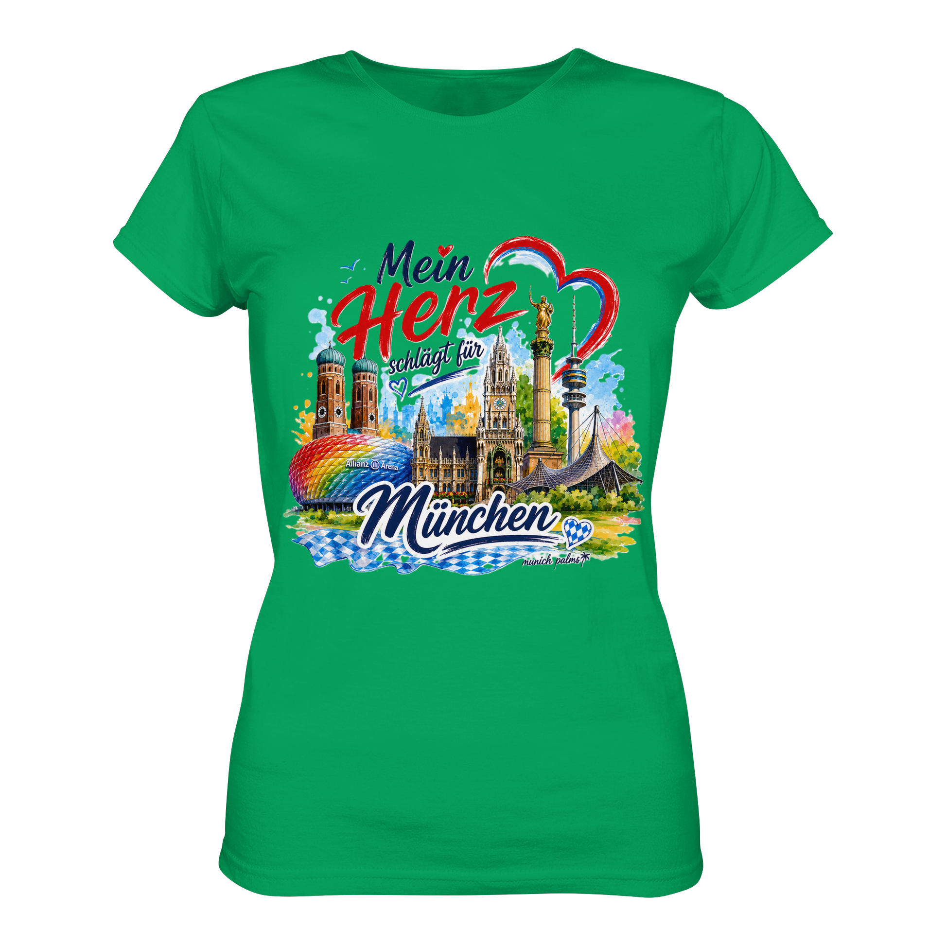 Buntes München Design auf grünem Damen-Shirt mit Wahrzeichen, Munich Palms, Frontansicht, modisches Lady-Shirt
