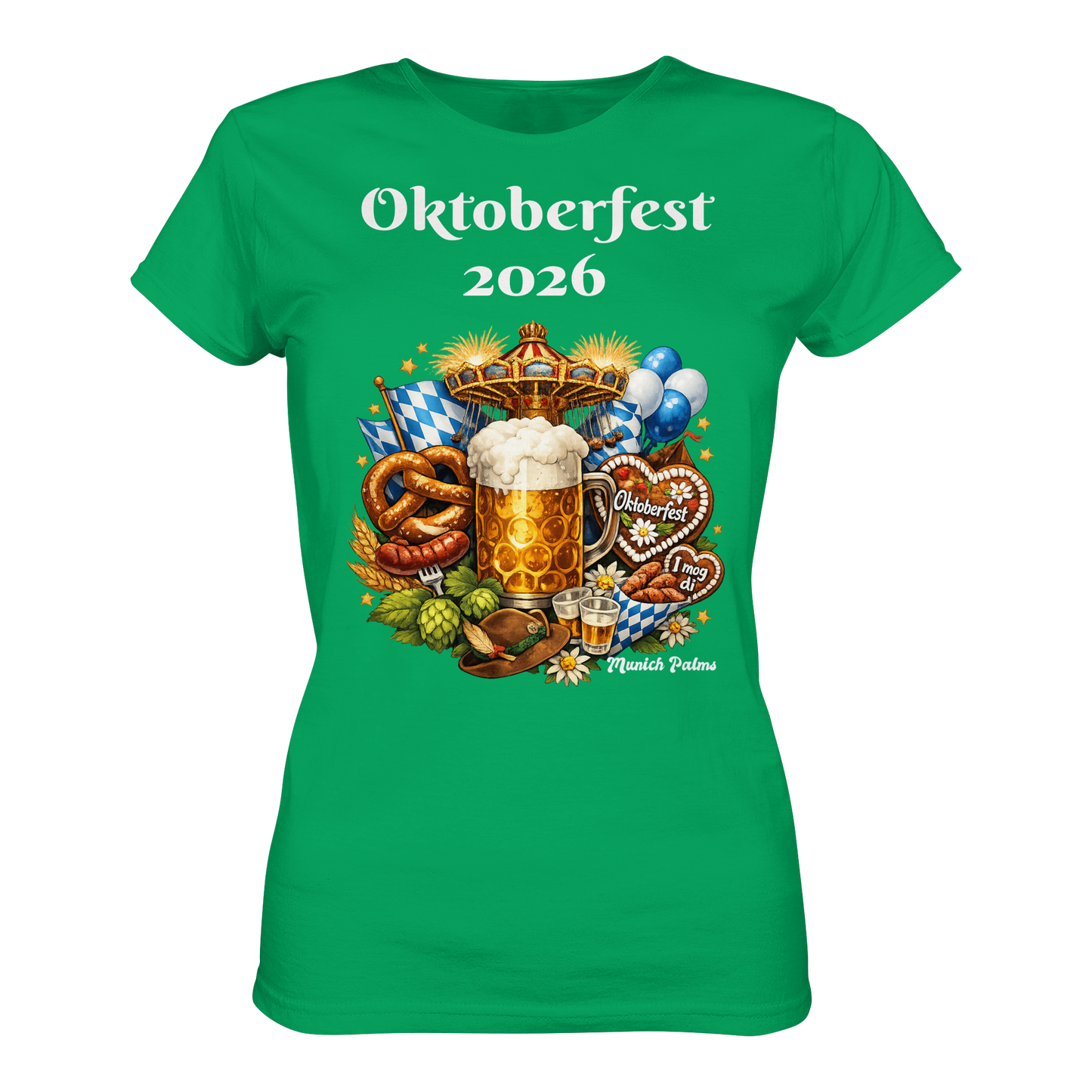 Damen Premium-Shirt mit Oktoberfest 2026 München Design in Kelly-Grün, Vorderansicht, bequemes Damen-Shirt von Online Kaufhaus München