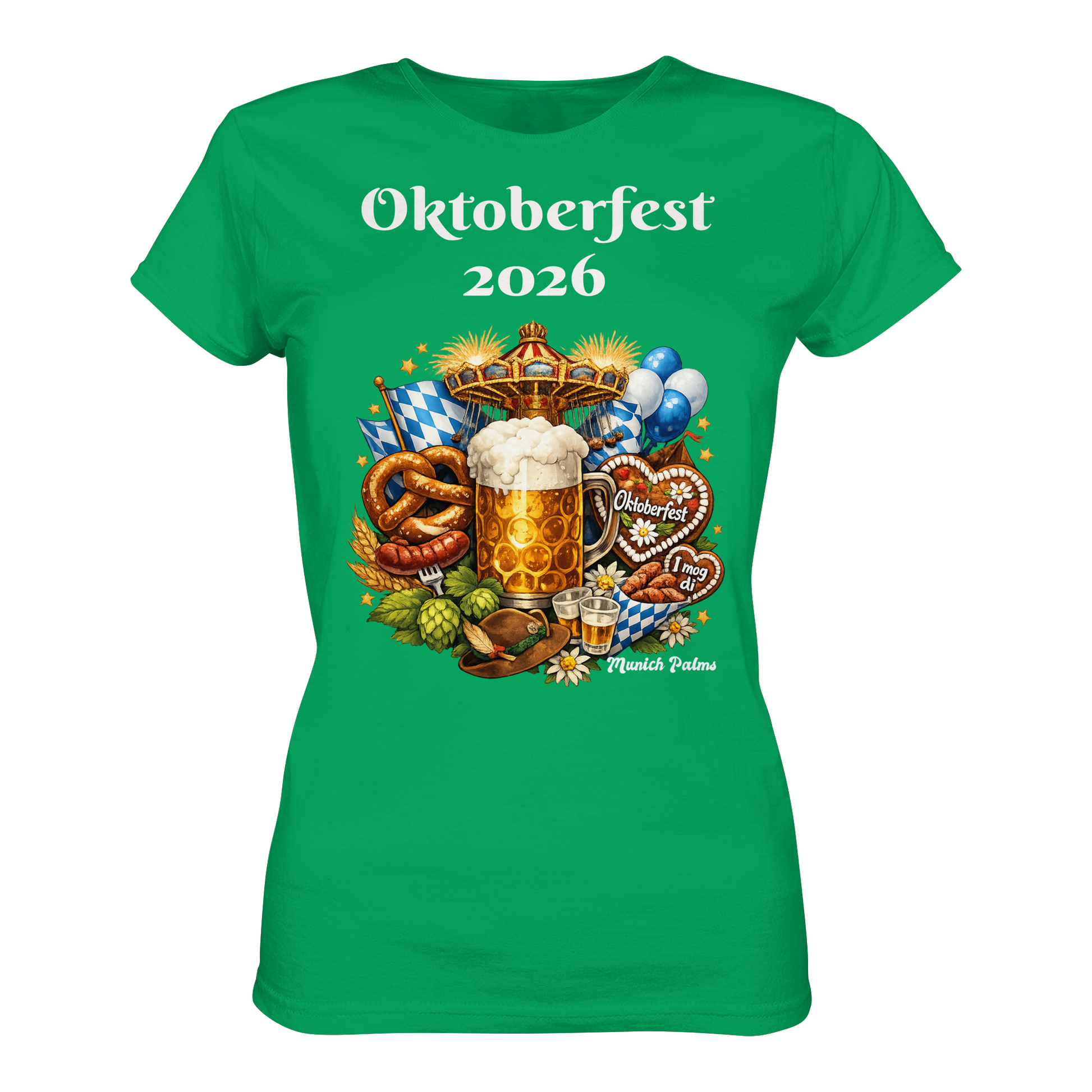 Damen Premium-Shirt mit Oktoberfest 2026 München Design in Kelly-Grün, Vorderansicht, bequemes Damen-Shirt von Online Kaufhaus München