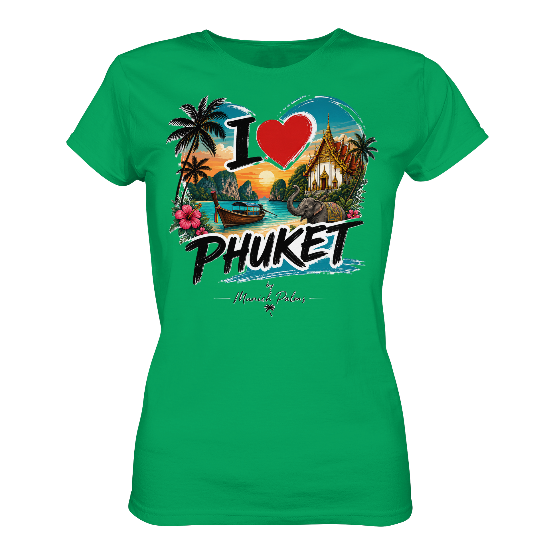 Damen Premium-Shirt "I love Phuket" in Kelly-Grün mit floralem Design, Vorderansicht, leicht und bequem, Damenmode von Online Kaufhaus München