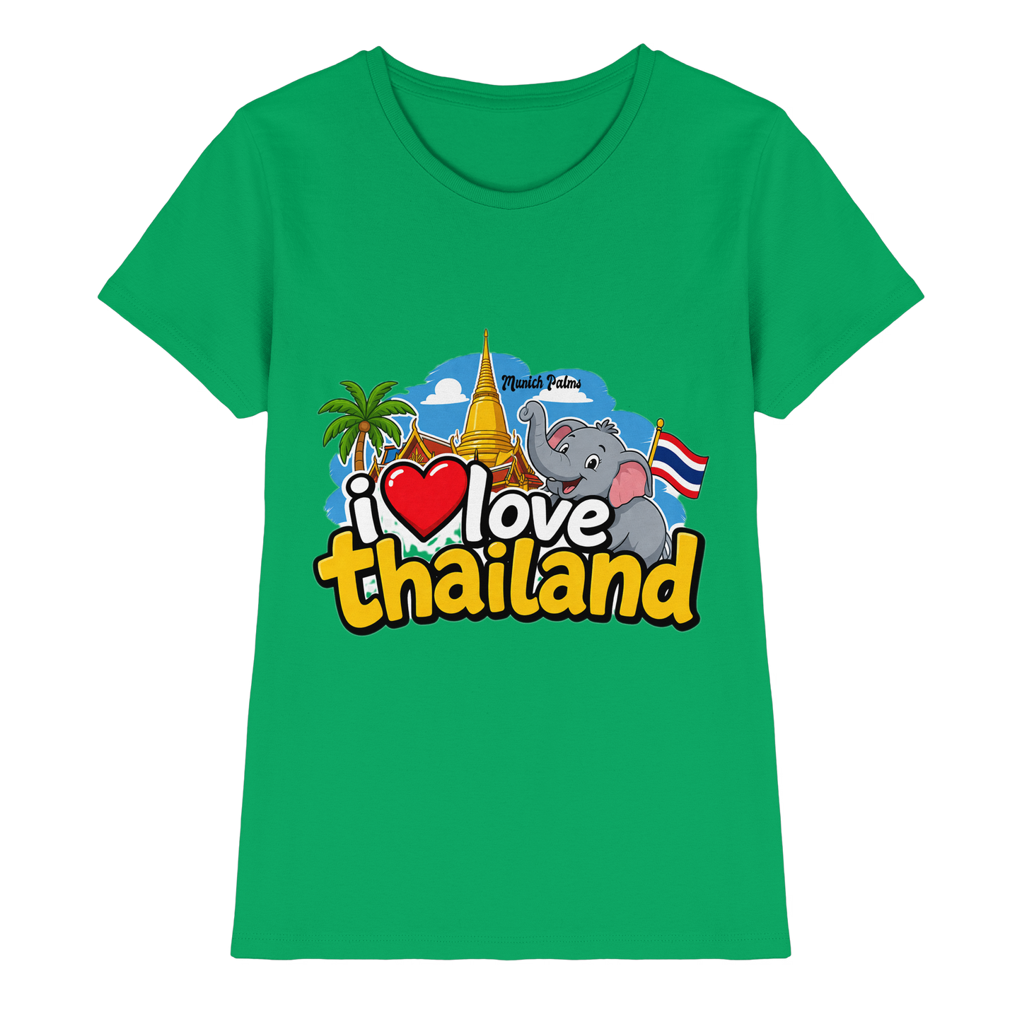 Herren-Shirt „I love Thailand“ für Damen, grün, aus hochwertigem Stoff, modernes Design, Vorderansicht