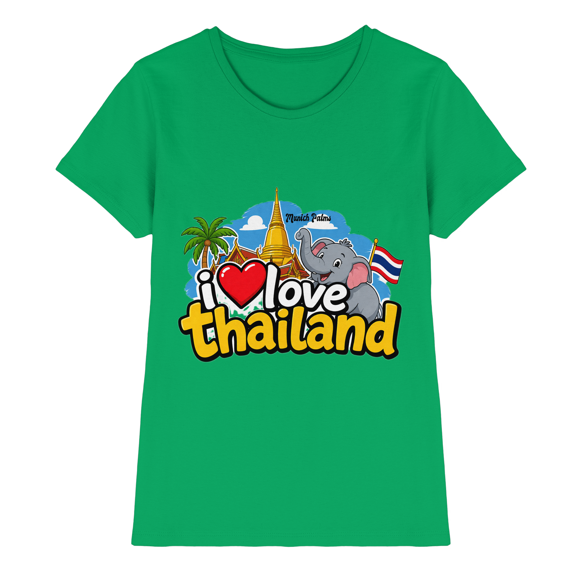 Herren-Shirt „I love Thailand“ für Damen, grün, aus hochwertigem Stoff, modernes Design, Vorderansicht