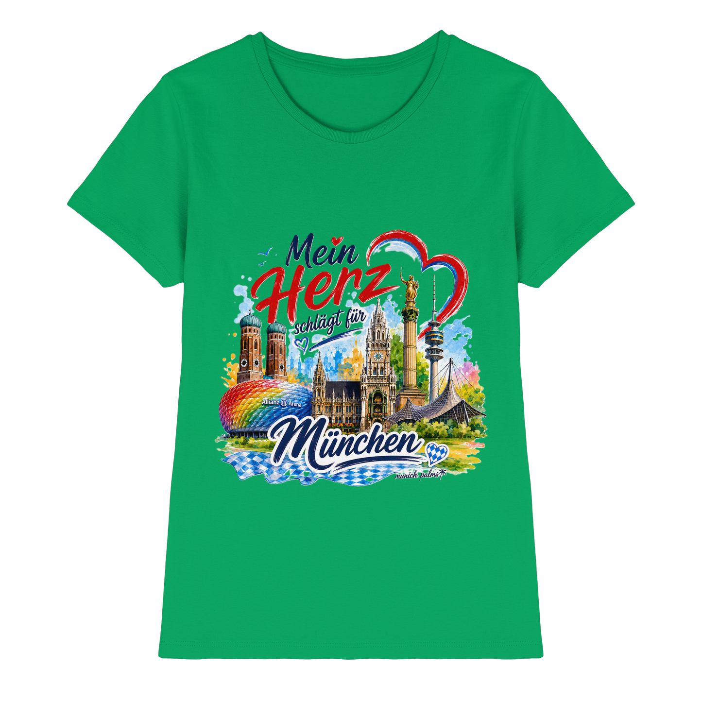 Buntes Damen-Shirt mit Herz und Wahrzeichen von München, grün, hochwertiges Design von Munich Palms, Frontansicht