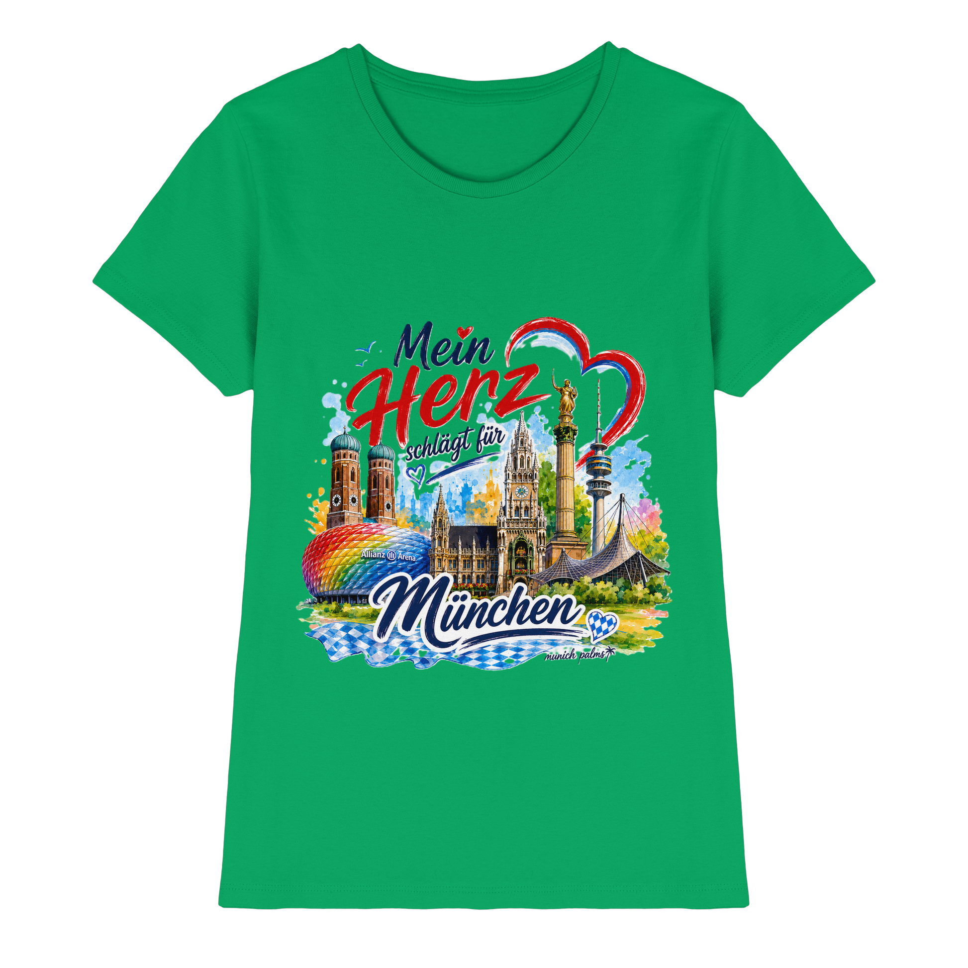 Buntes Damen-Shirt mit Herz und Wahrzeichen von München, grün, hochwertiges Design von Munich Palms, Frontansicht